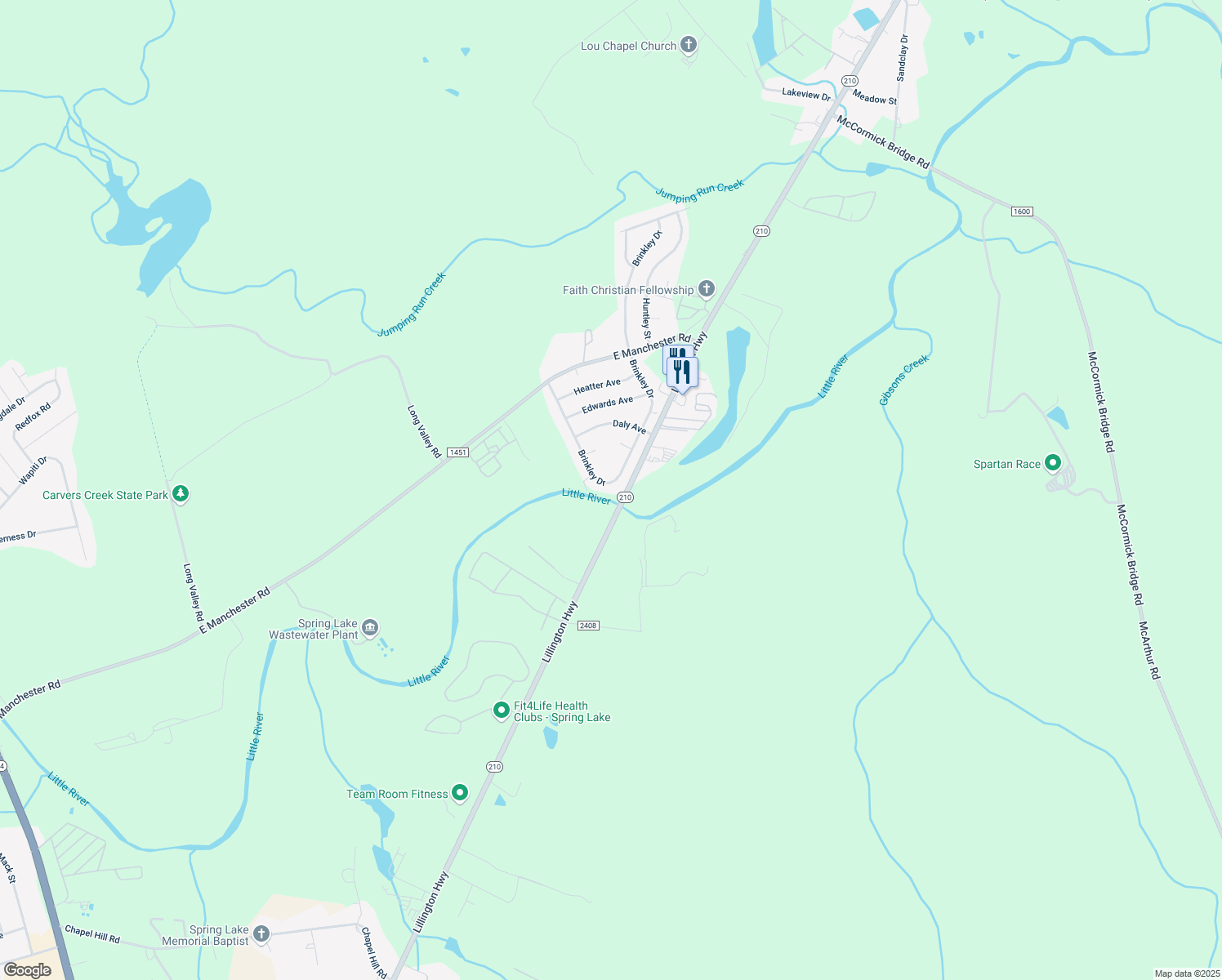map of restaurants, bars, coffee shops, grocery stores, and more near 2506 Brinkley Drive in Spring Lake