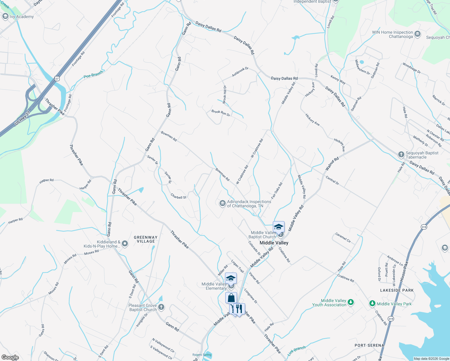 map of restaurants, bars, coffee shops, grocery stores, and more near 1483 Bowman Road in Soddy-Daisy