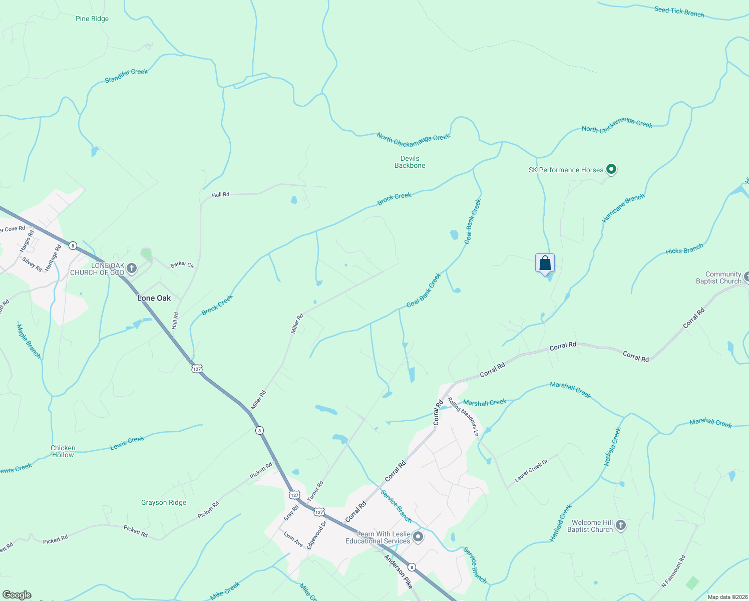 map of restaurants, bars, coffee shops, grocery stores, and more near 916 Miller Road in Signal Mountain