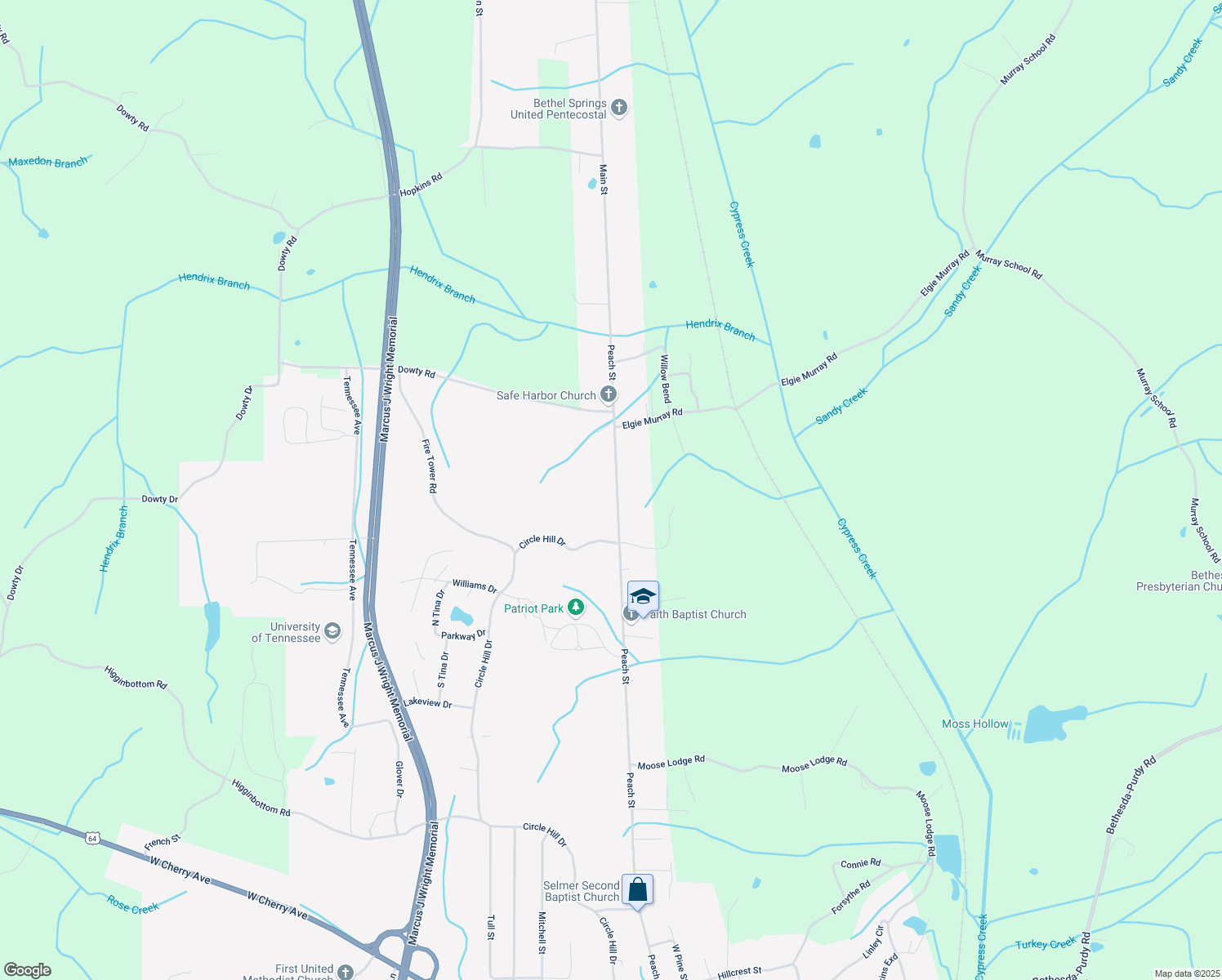 map of restaurants, bars, coffee shops, grocery stores, and more near 1416 Peach St in Selmer