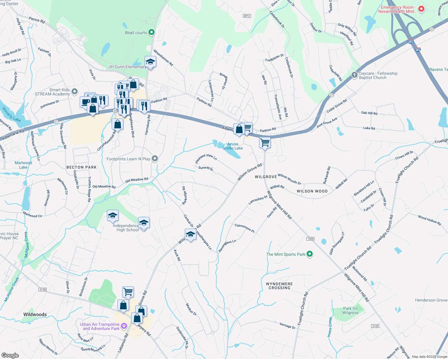 map of restaurants, bars, coffee shops, grocery stores, and more near 9900 Sunway Drive in Mint Hill