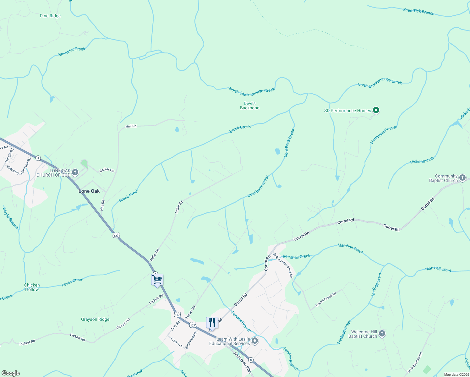 map of restaurants, bars, coffee shops, grocery stores, and more near 916 Miller Road in Signal Mountain