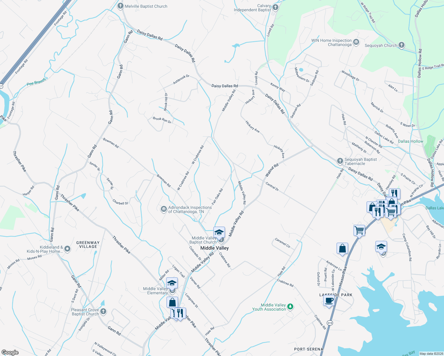 map of restaurants, bars, coffee shops, grocery stores, and more near 8501 Fair Oaks Road in Middle Valley