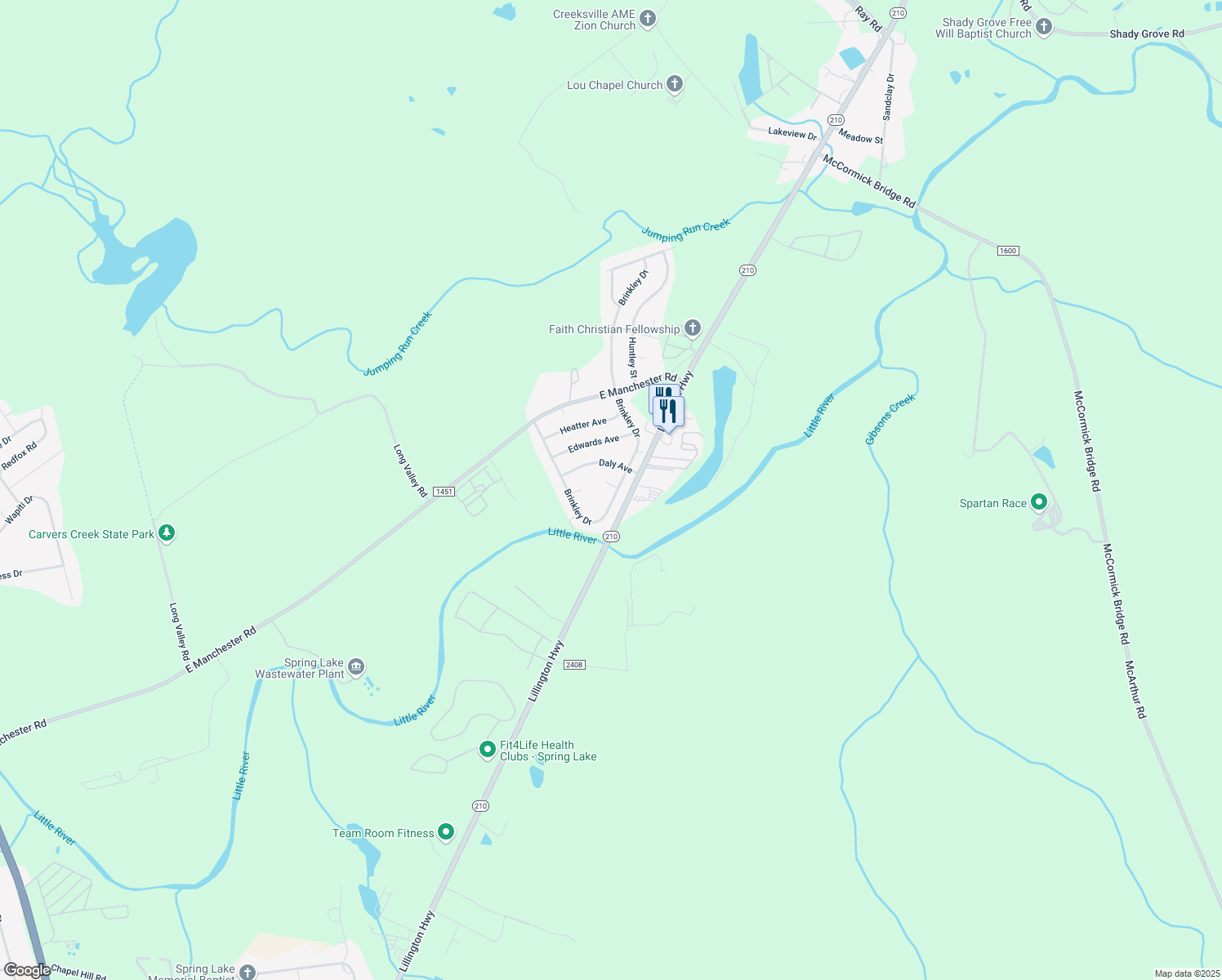 map of restaurants, bars, coffee shops, grocery stores, and more near 2519 Brinkley Drive in Spring Lake