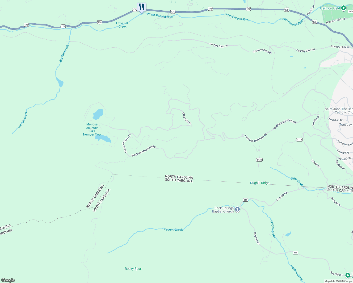 map of restaurants, bars, coffee shops, grocery stores, and more near 771 Summit Road in Tryon