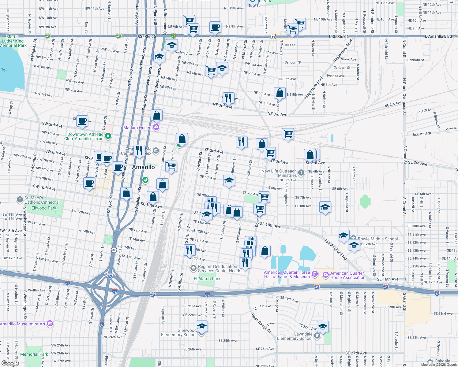 map of restaurants, bars, coffee shops, grocery stores, and more near 1344 Southeast 6th Avenue in Amarillo