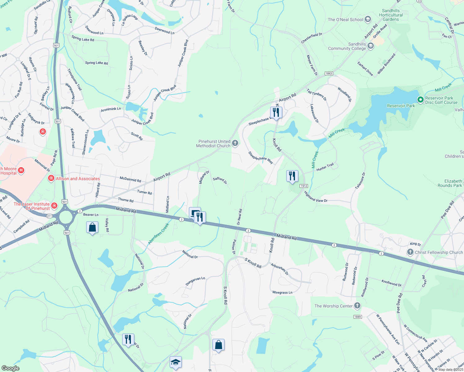 map of restaurants, bars, coffee shops, grocery stores, and more near 195 Safford Drive in Pinehurst