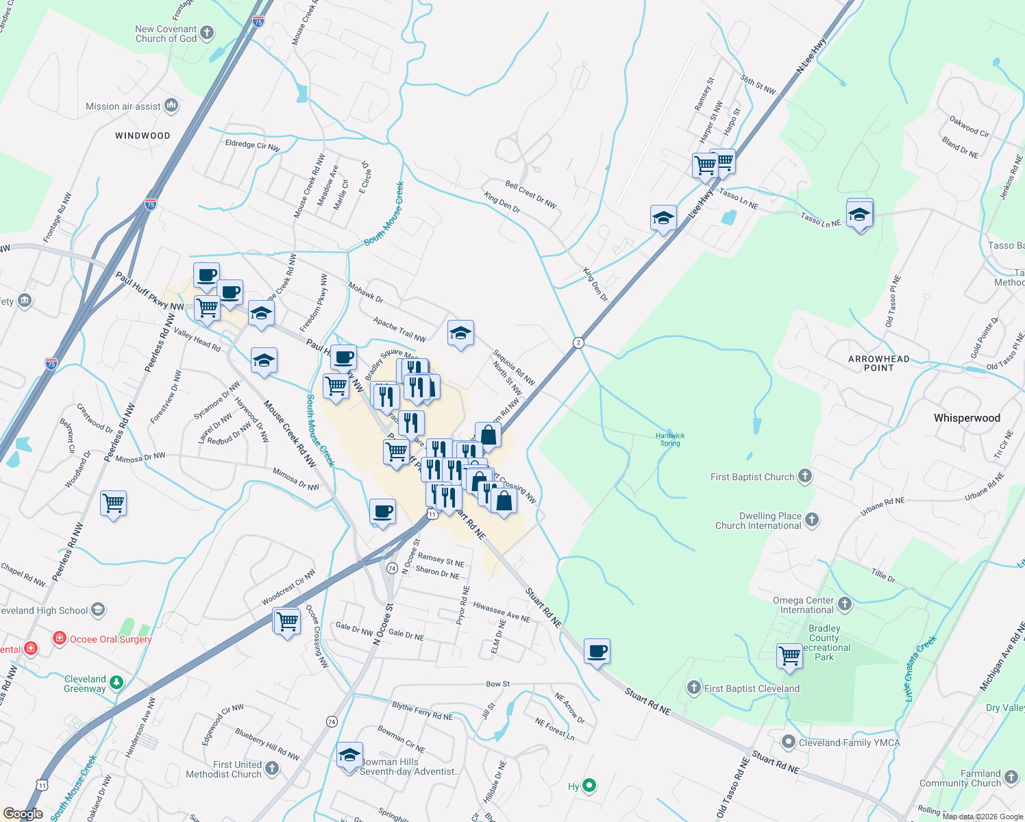 map of restaurants, bars, coffee shops, grocery stores, and more near 4681 North Lee Highway in Cleveland