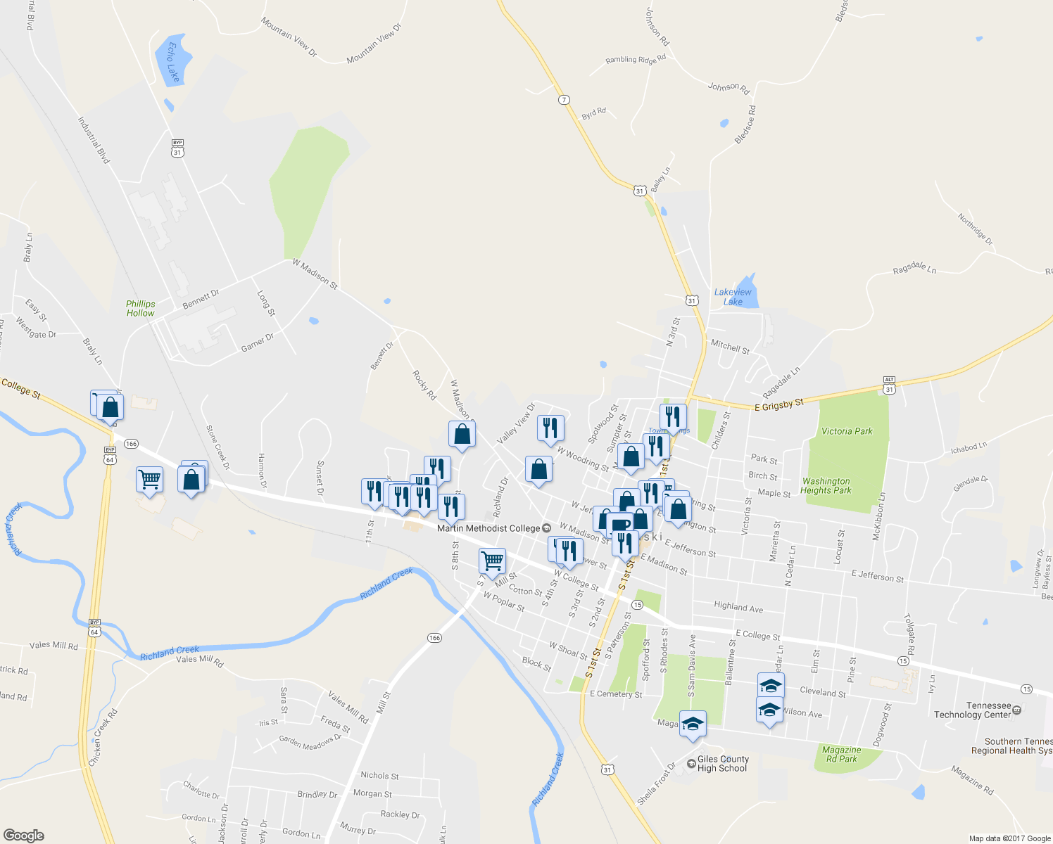 map of restaurants, bars, coffee shops, grocery stores, and more near 341 Valley View Drive in Pulaski