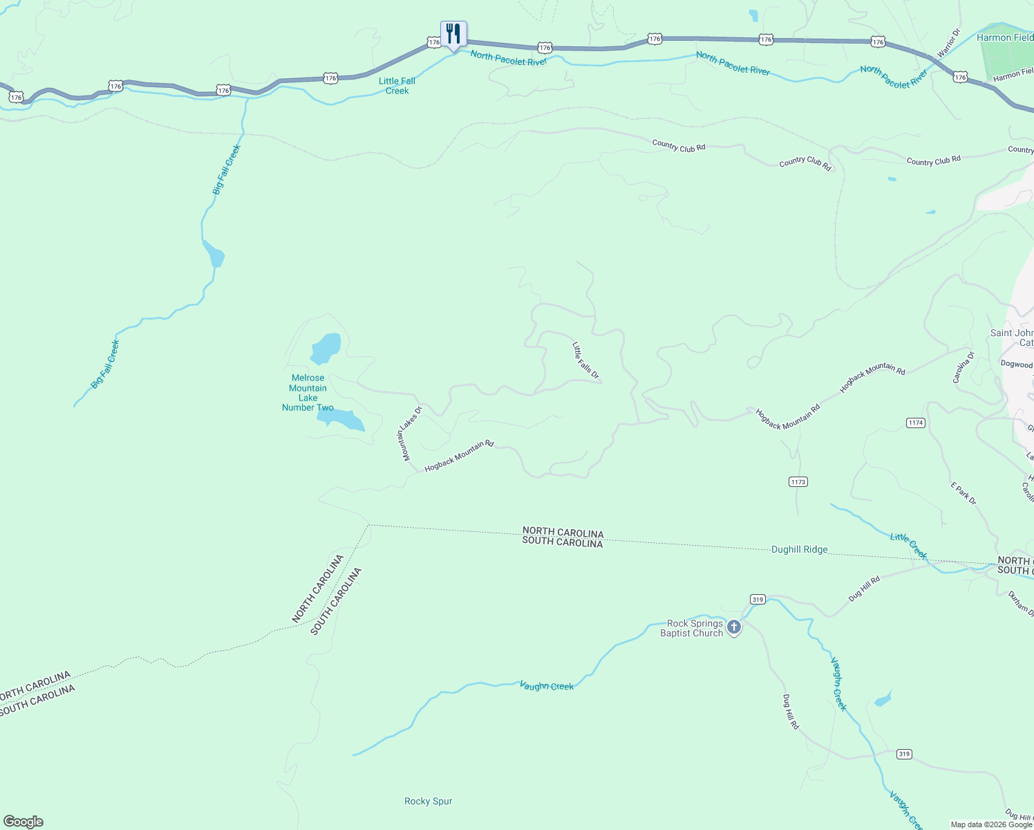 map of restaurants, bars, coffee shops, grocery stores, and more near 545 Summit Road in Tryon