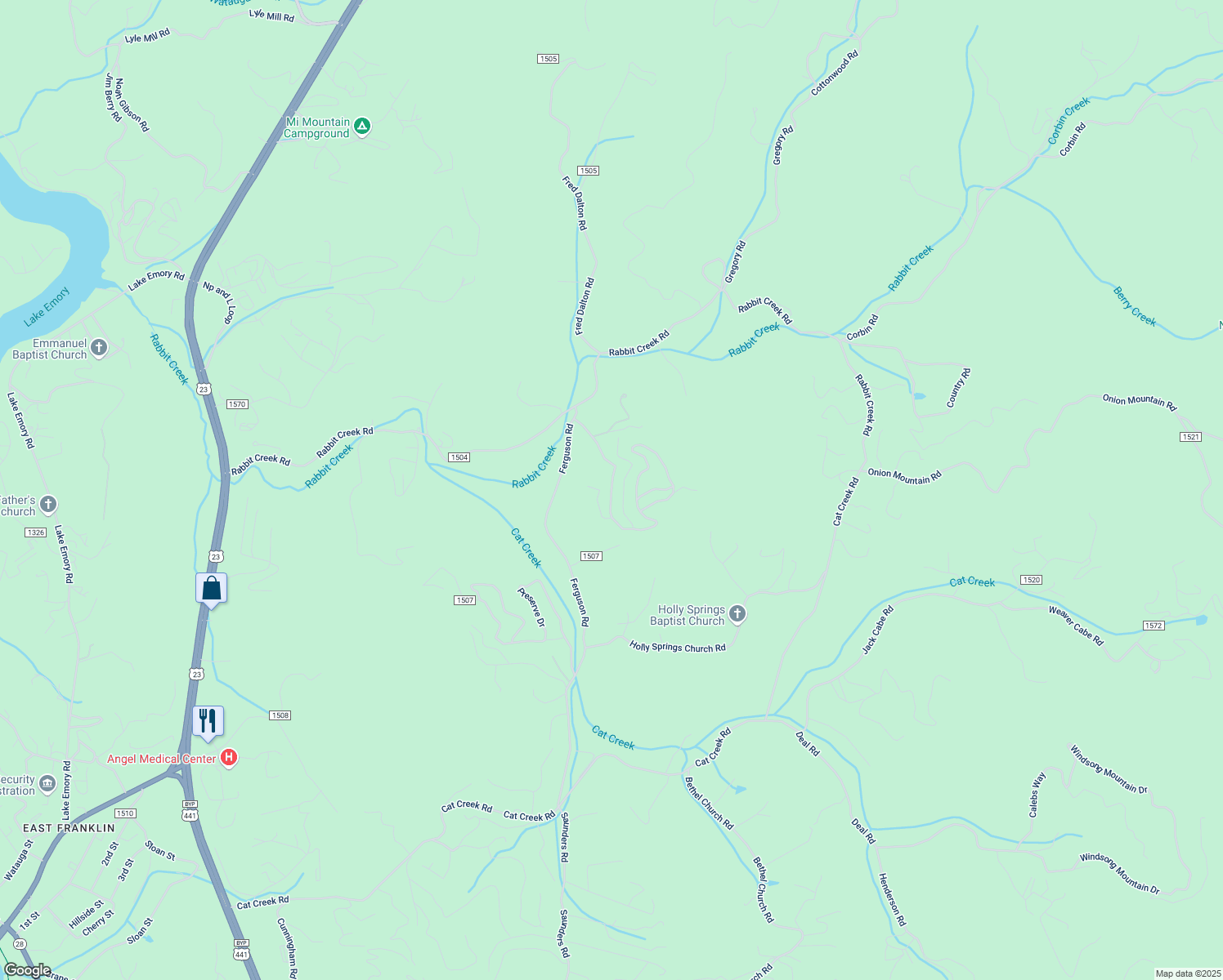 map of restaurants, bars, coffee shops, grocery stores, and more near 259 Holly Springs Estates Road in Franklin