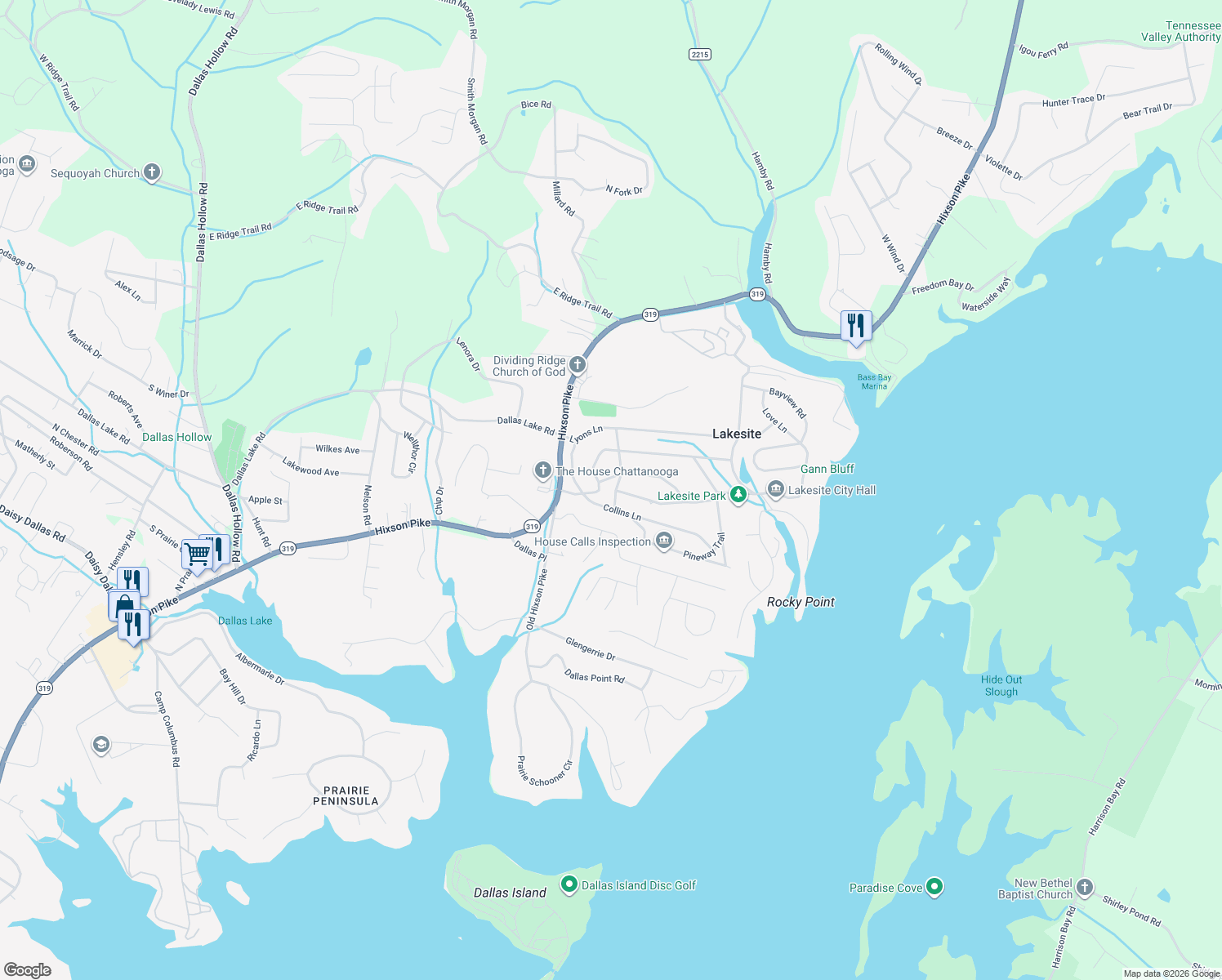 map of restaurants, bars, coffee shops, grocery stores, and more near 2214 Lakesite Drive in Soddy-Daisy