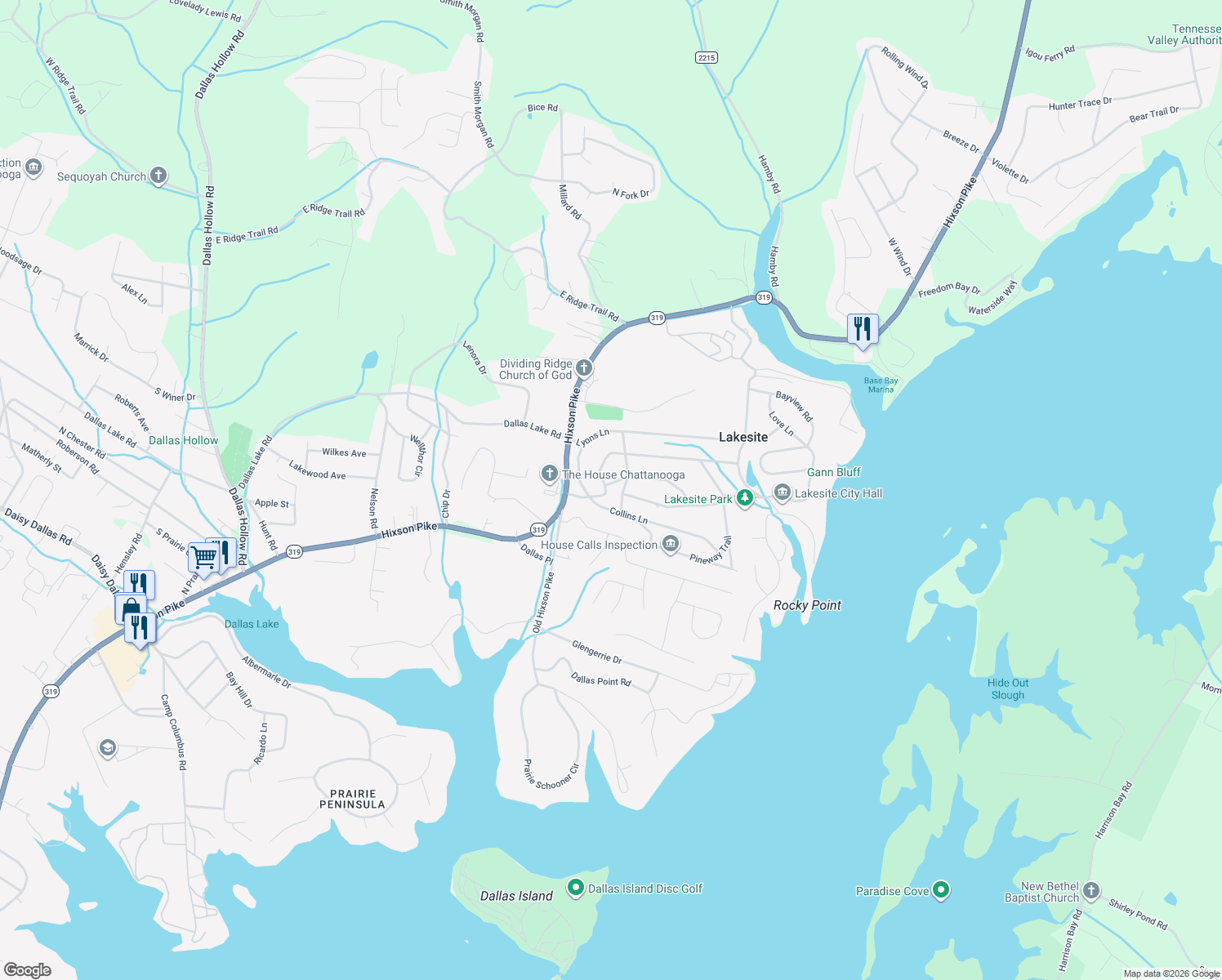 map of restaurants, bars, coffee shops, grocery stores, and more near 2214 Lakesite Drive in Soddy-Daisy