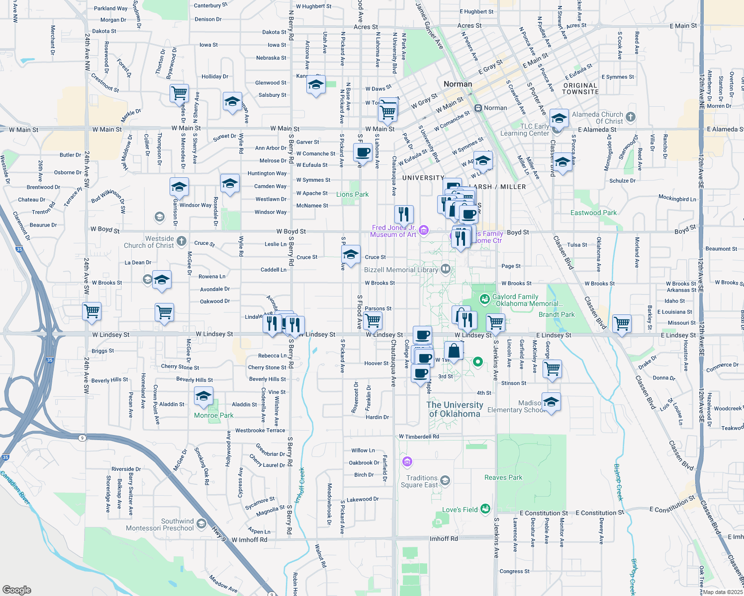 map of restaurants, bars, coffee shops, grocery stores, and more near 828 South Lahoma Avenue in Norman