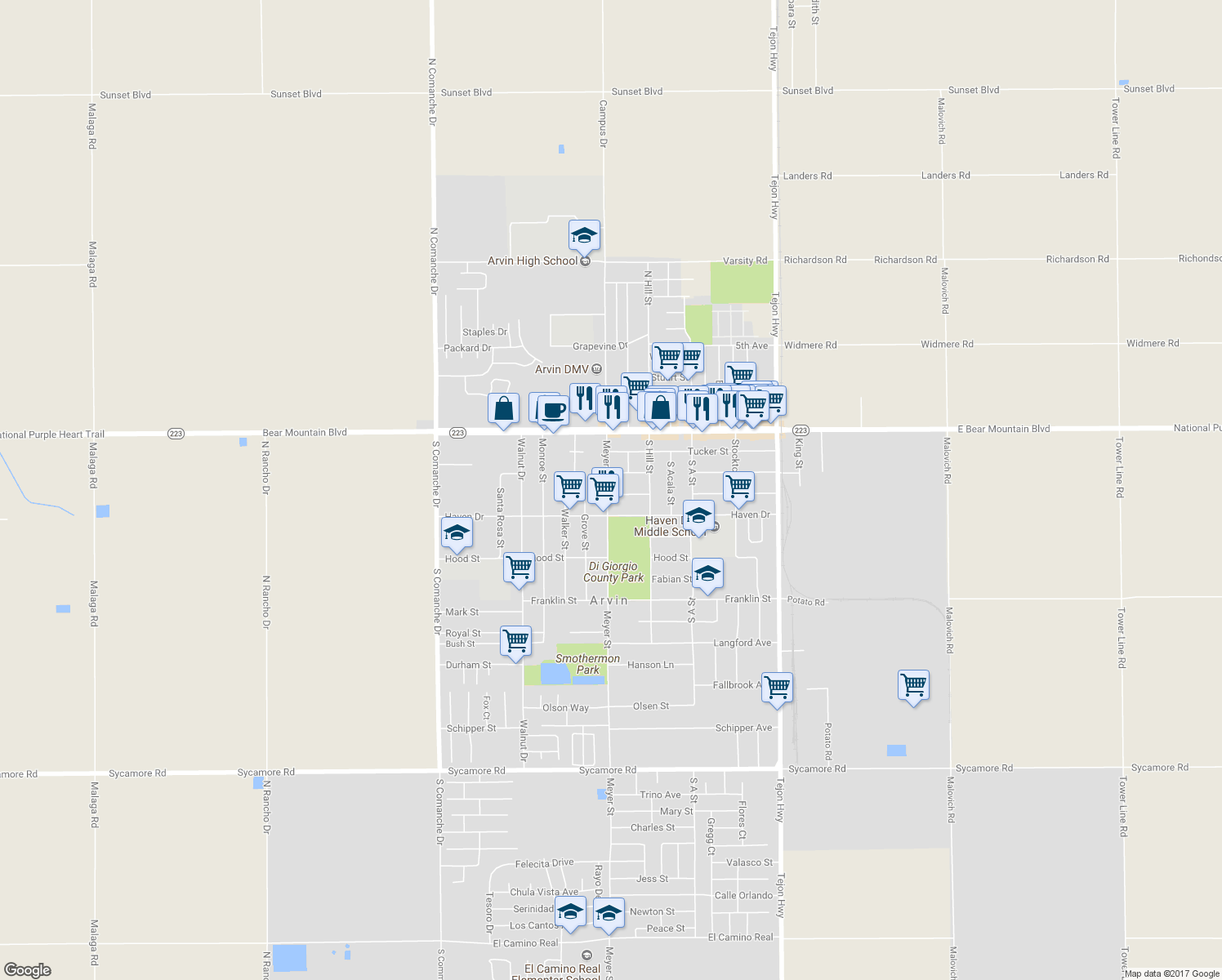 map of restaurants, bars, coffee shops, grocery stores, and more near 778 Laurel Avenue in Arvin