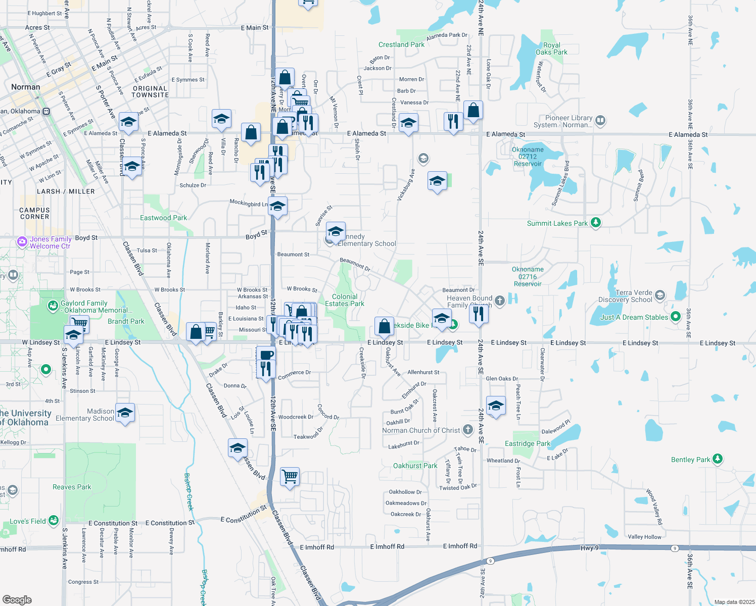 map of restaurants, bars, coffee shops, grocery stores, and more near 1813 Candlewood Dr in Norman