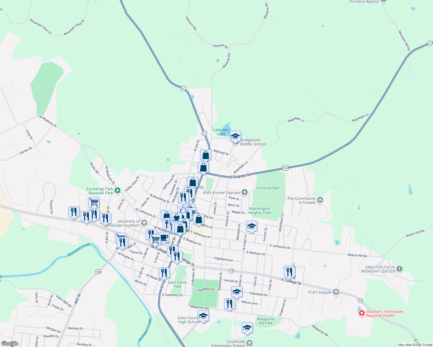 map of restaurants, bars, coffee shops, grocery stores, and more near 232 East Grigsby Street in Pulaski
