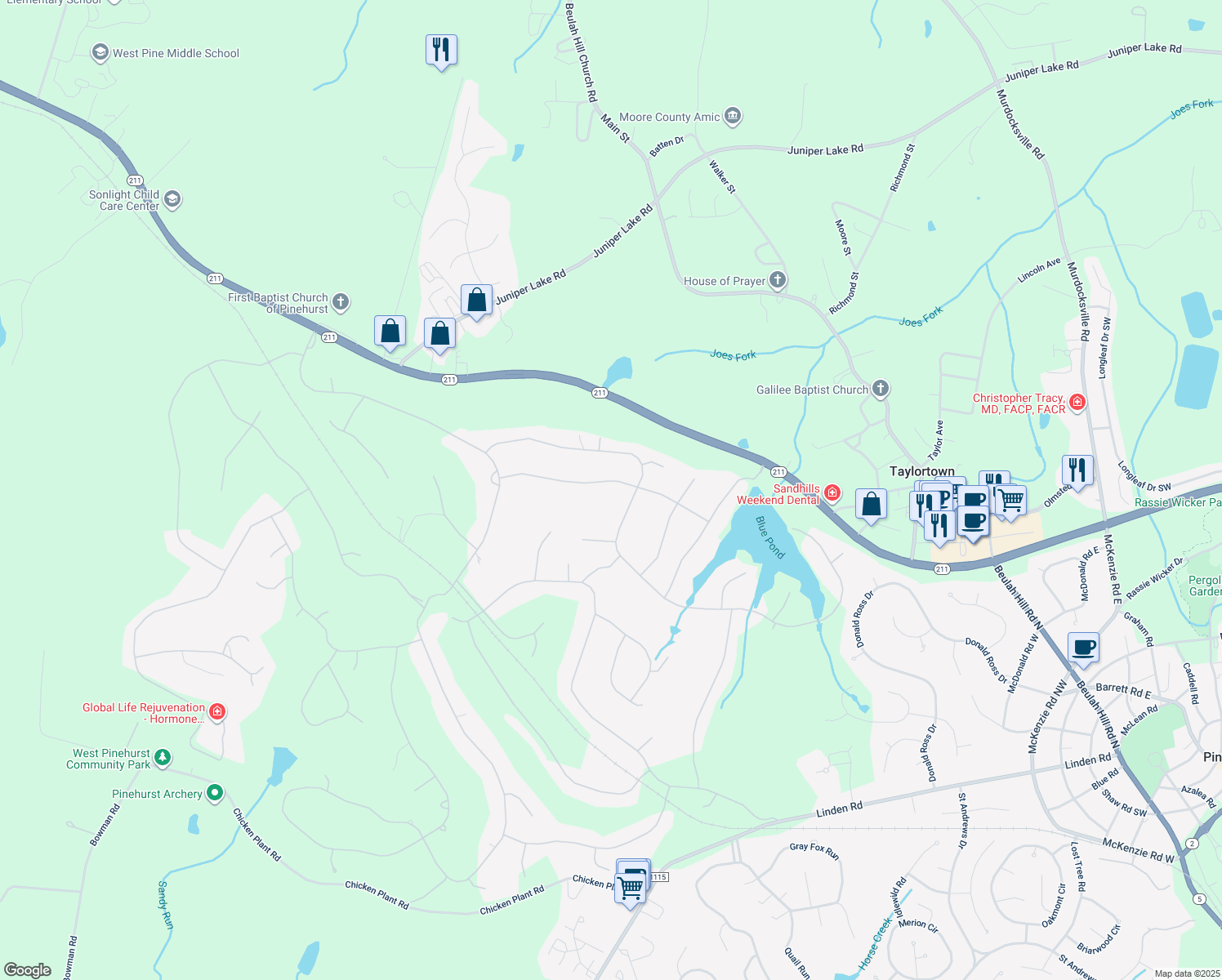 map of restaurants, bars, coffee shops, grocery stores, and more near 25 Whitehaven Drive in Pinehurst