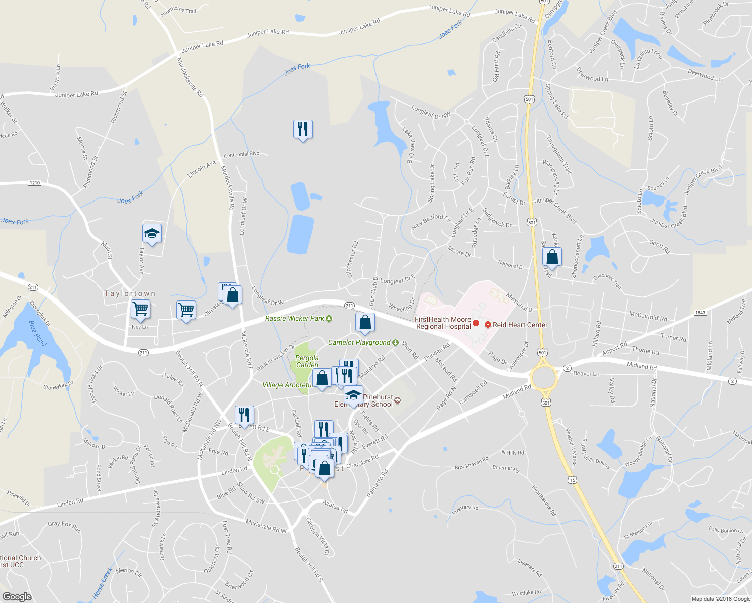 map of restaurants, bars, coffee shops, grocery stores, and more near 60 Gun Club Drive in Pinehurst
