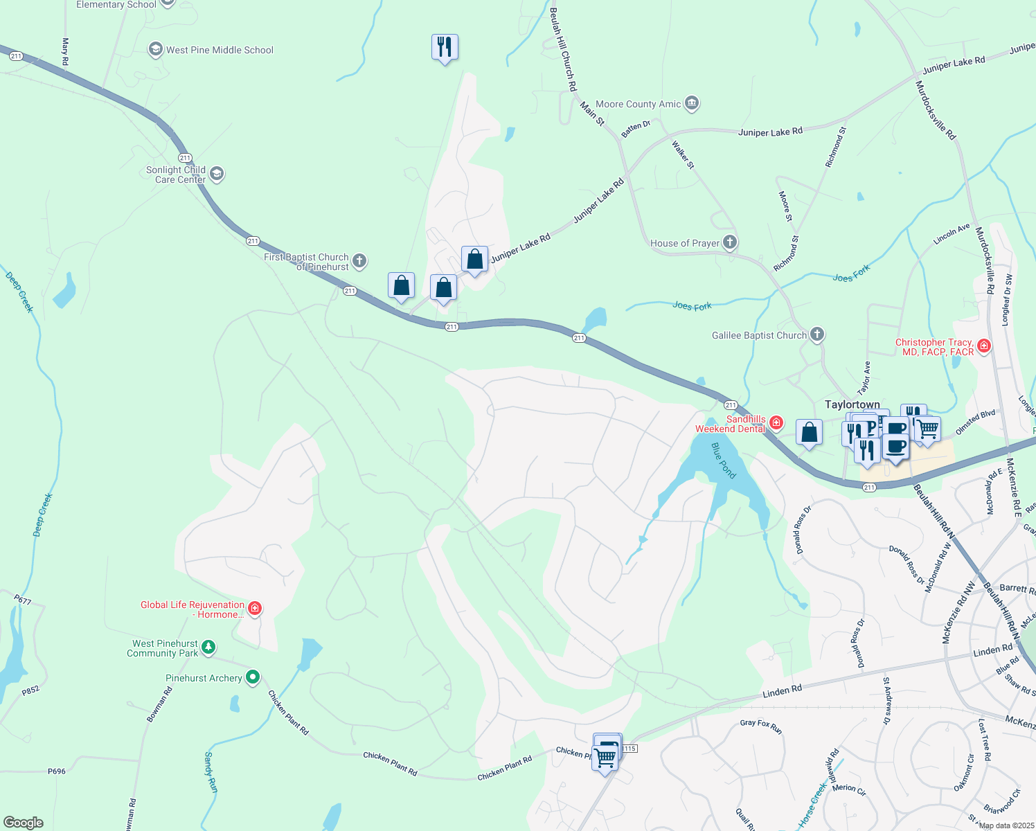map of restaurants, bars, coffee shops, grocery stores, and more near 45 Whitehaven Drive in Pinehurst