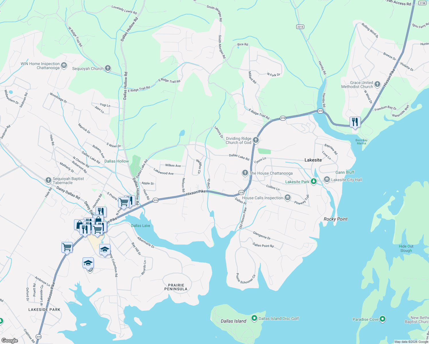 map of restaurants, bars, coffee shops, grocery stores, and more near 1908 Port Royal Drive in Soddy-Daisy