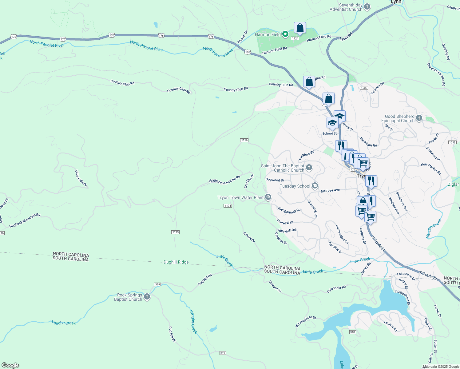map of restaurants, bars, coffee shops, grocery stores, and more near 1361 Hogback Mountain Road in Tryon