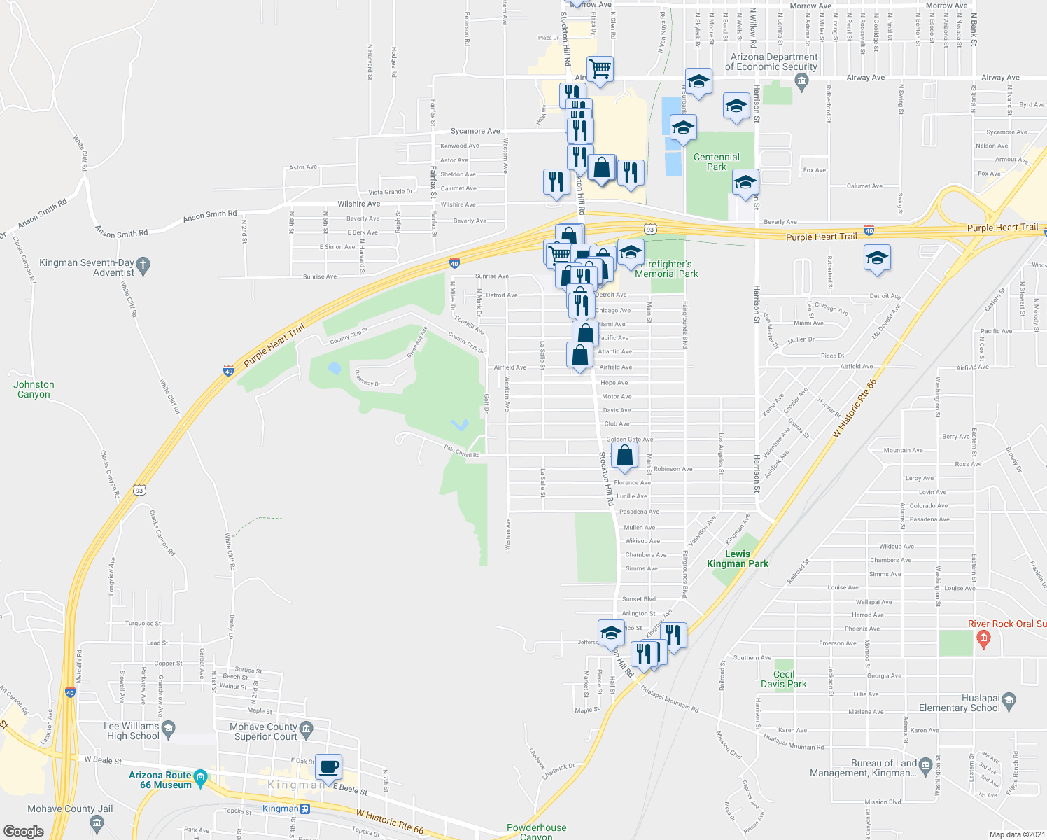 map of restaurants, bars, coffee shops, grocery stores, and more near 1723 Club Avenue in Kingman