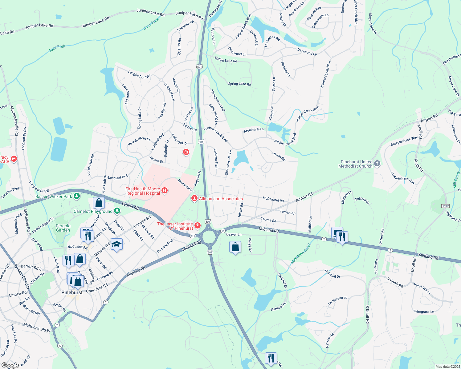 map of restaurants, bars, coffee shops, grocery stores, and more near 135 Mockingbird Court in Pinehurst