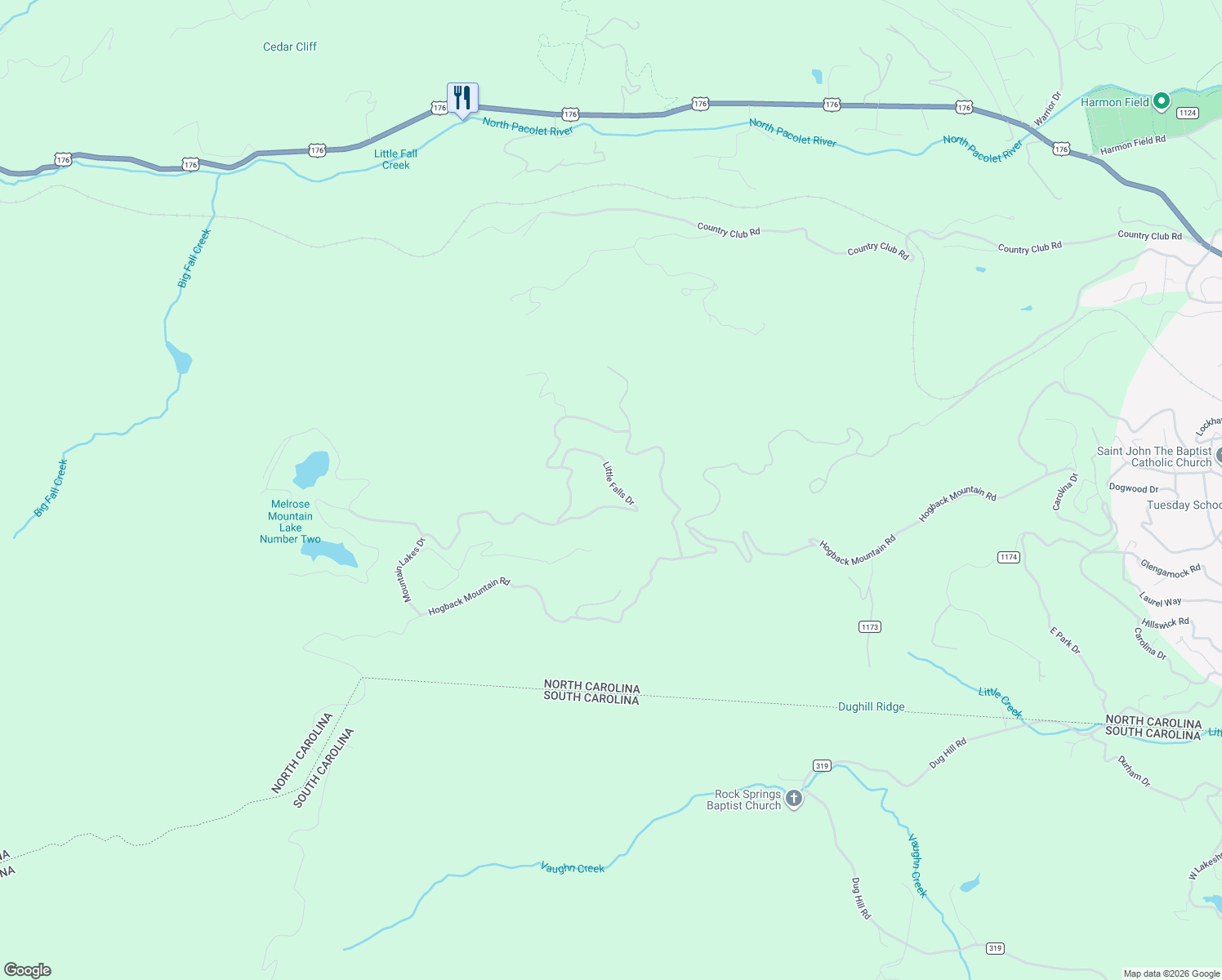map of restaurants, bars, coffee shops, grocery stores, and more near 348 Little Falls Drive in Tryon