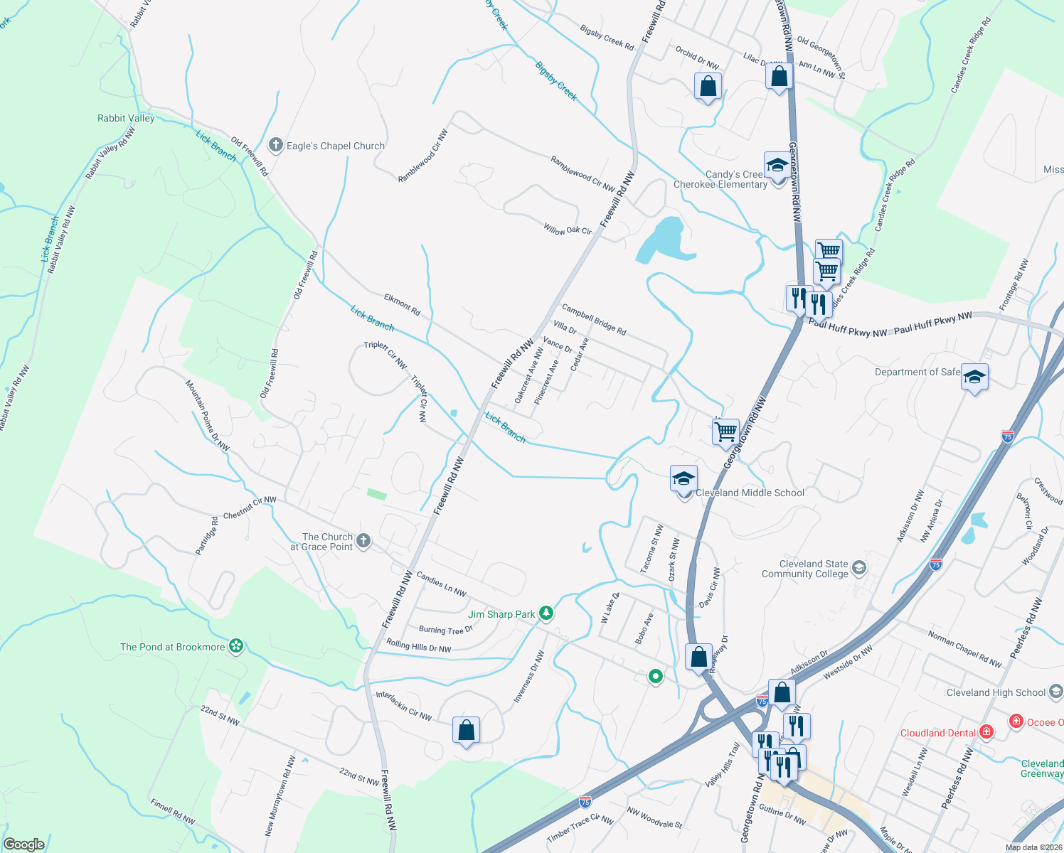 map of restaurants, bars, coffee shops, grocery stores, and more near 3075 Brookside Drive in Cleveland
