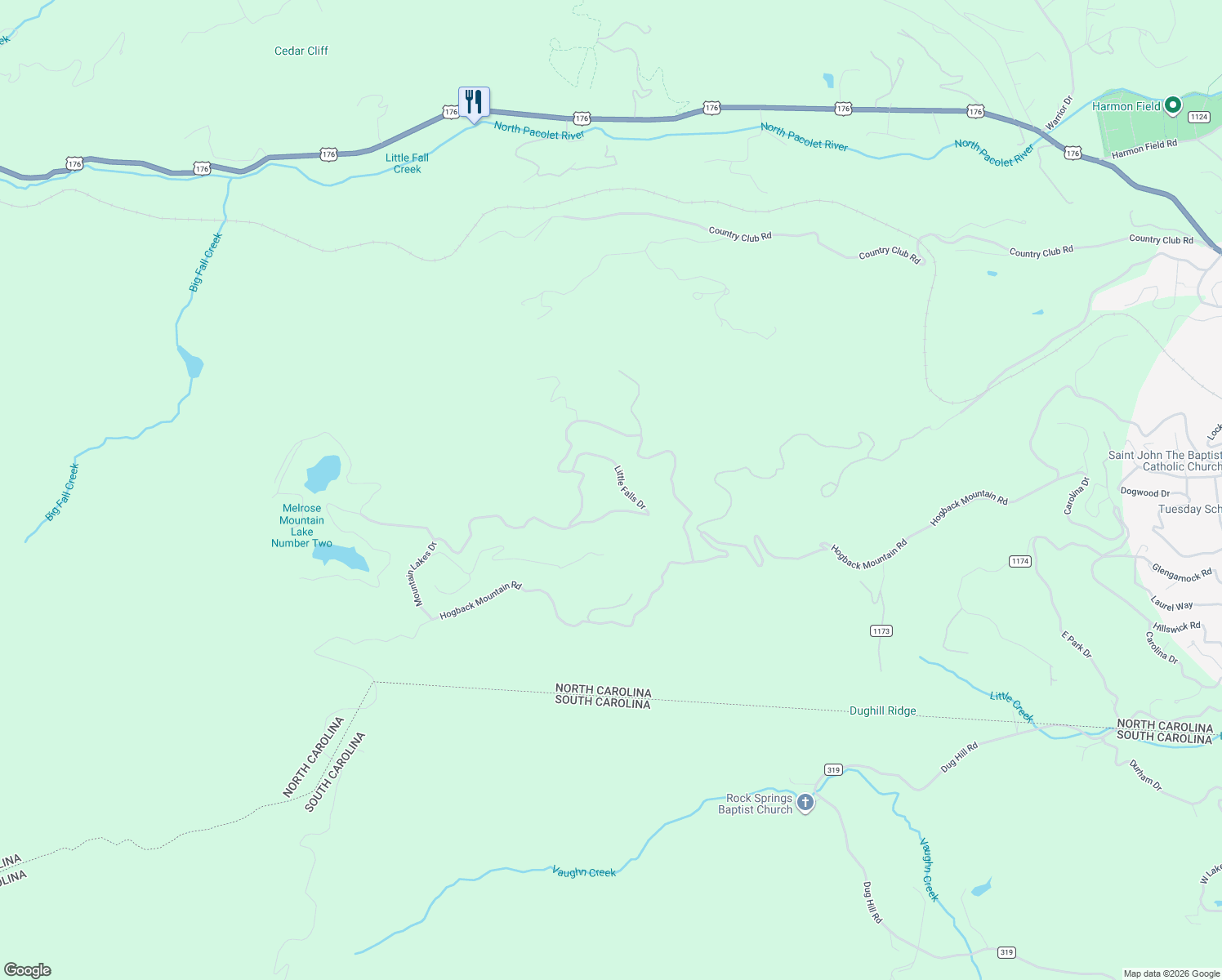 map of restaurants, bars, coffee shops, grocery stores, and more near 348 Little Falls Drive in Tryon
