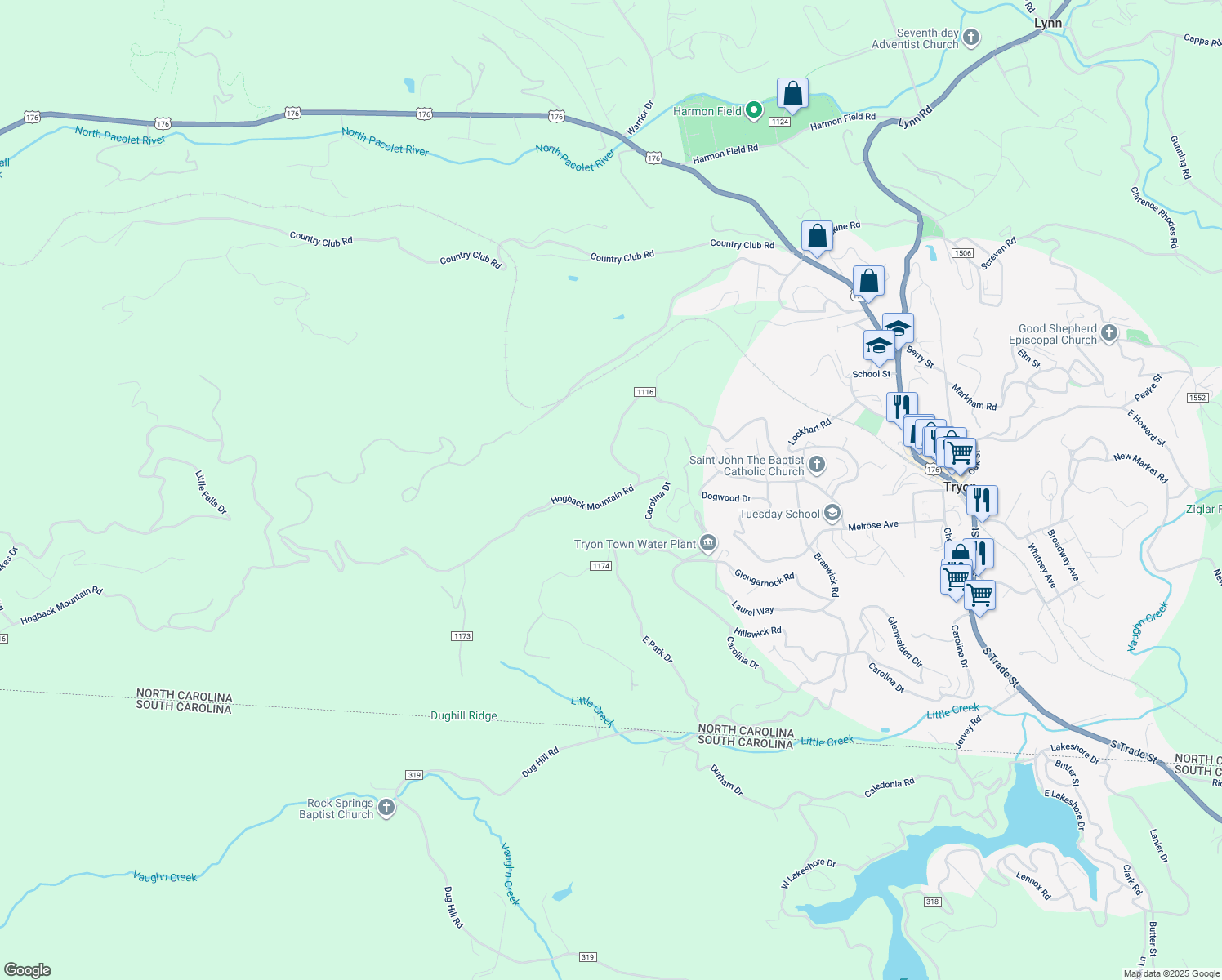map of restaurants, bars, coffee shops, grocery stores, and more near 1361 Hogback Mountain Road in Tryon