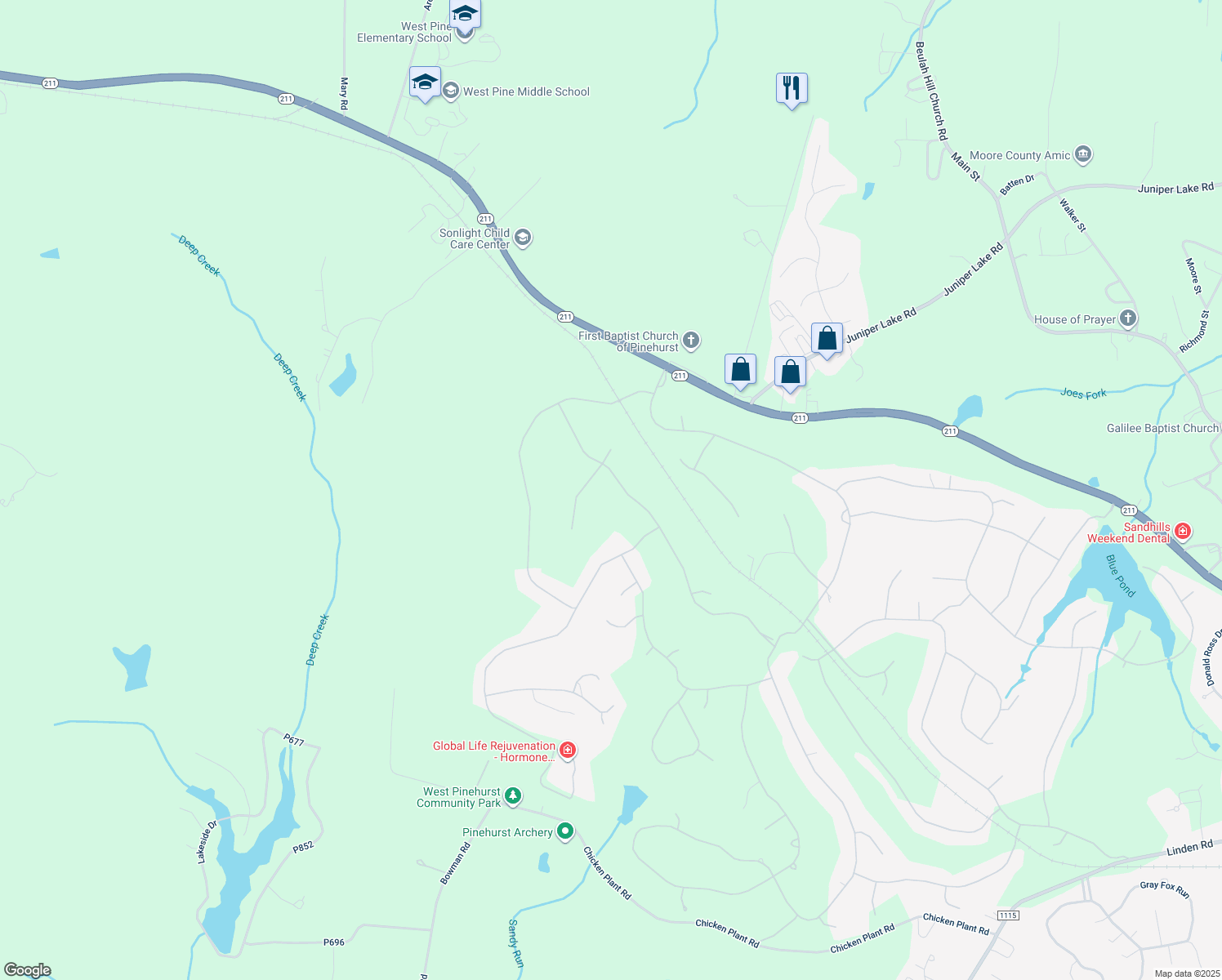 map of restaurants, bars, coffee shops, grocery stores, and more near 57 Greyabbey Drive in Pinehurst