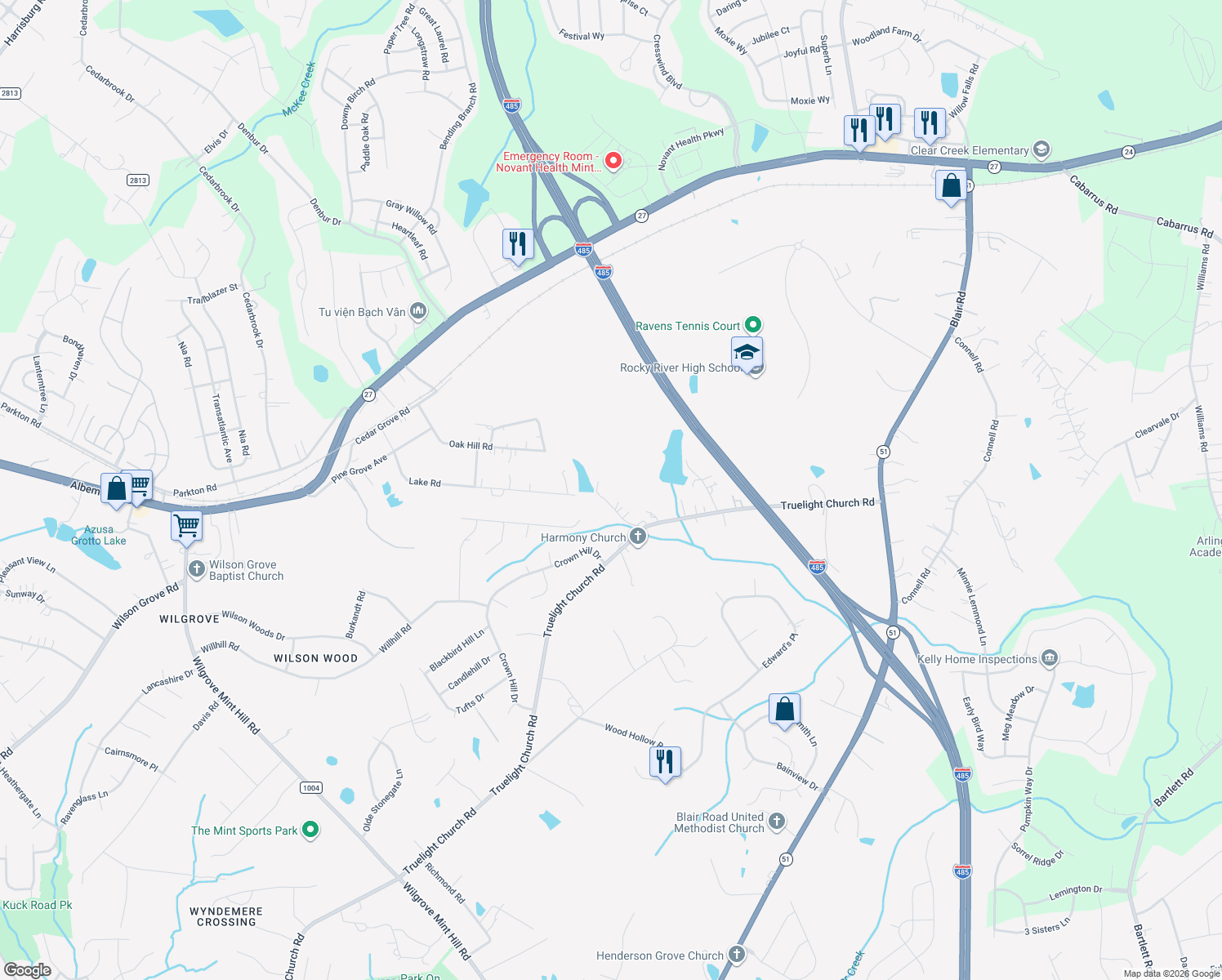 map of restaurants, bars, coffee shops, grocery stores, and more near 6024 Lake Road in Mint Hill