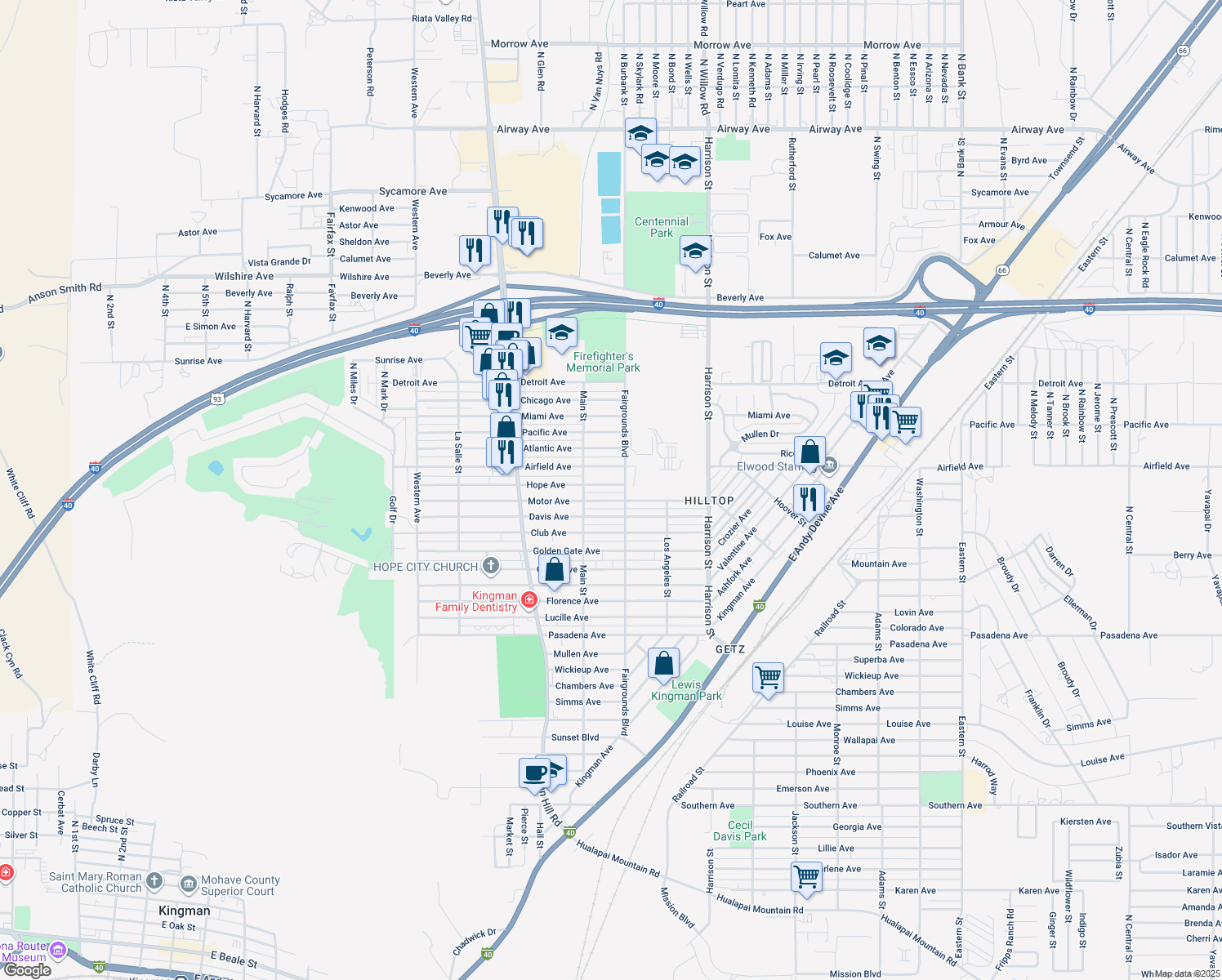 map of restaurants, bars, coffee shops, grocery stores, and more near 2030 Hope Avenue in Kingman