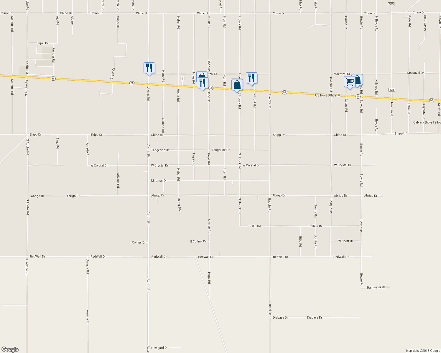 map of restaurants, bars, coffee shops, grocery stores, and more near 645 South Horn Road in Kingman