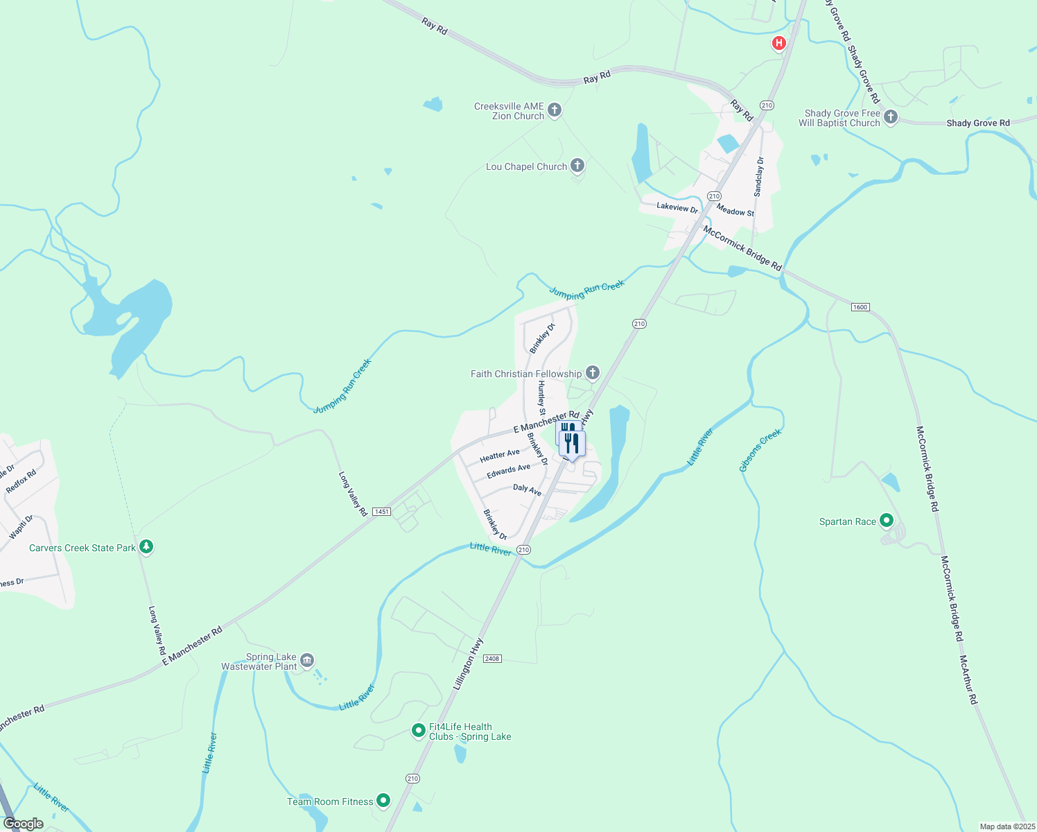 map of restaurants, bars, coffee shops, grocery stores, and more near 3005 Brinkley Drive in Spring Lake