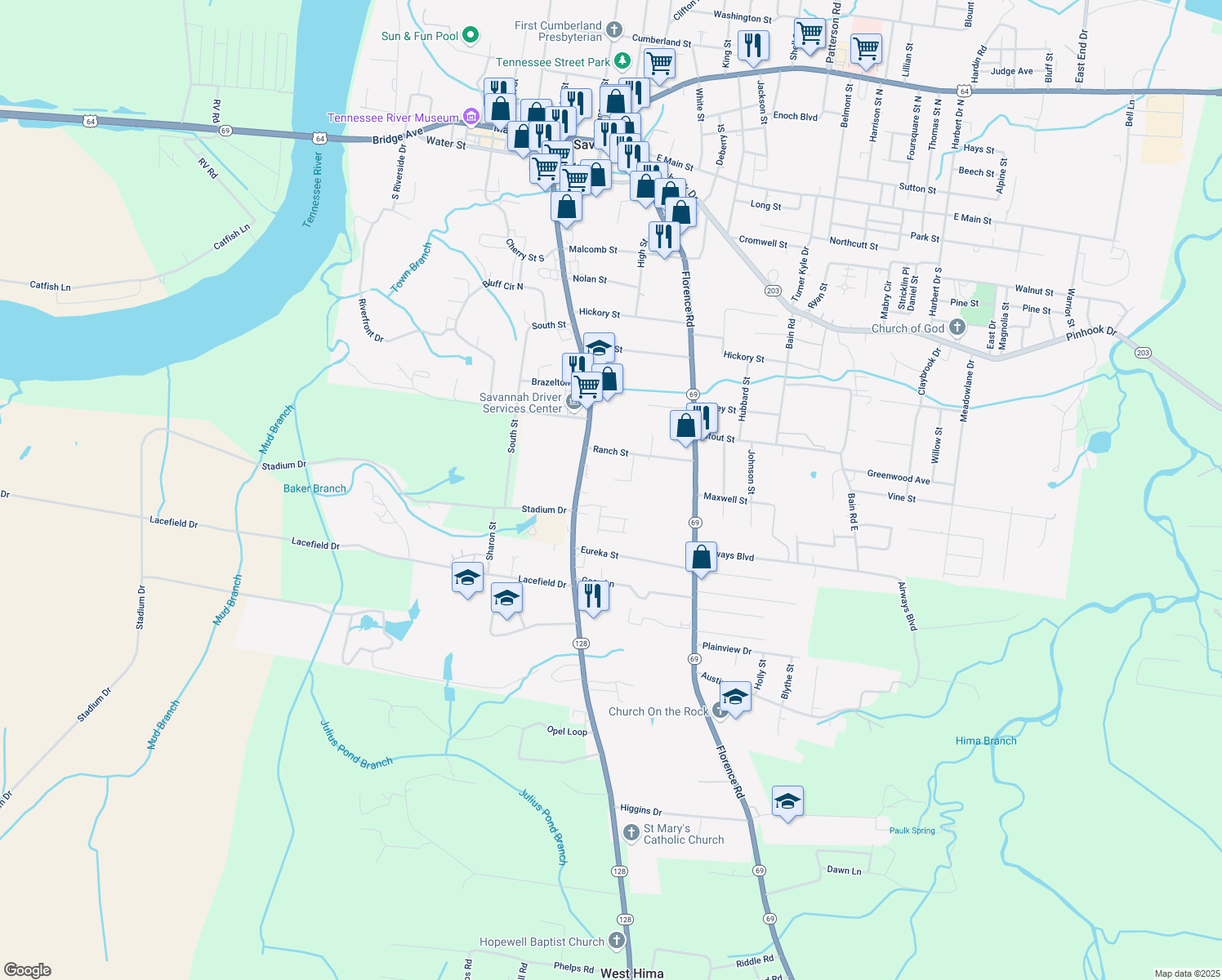 map of restaurants, bars, coffee shops, grocery stores, and more near 135 Kyle Place in Savannah
