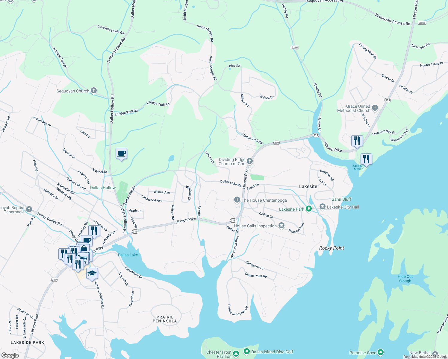 map of restaurants, bars, coffee shops, grocery stores, and more near 2115 Dallas Lake Road in Soddy-Daisy