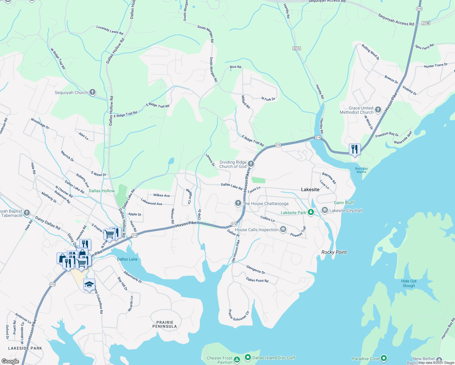map of restaurants, bars, coffee shops, grocery stores, and more near 2115 Dallas Lake Road in Soddy-Daisy
