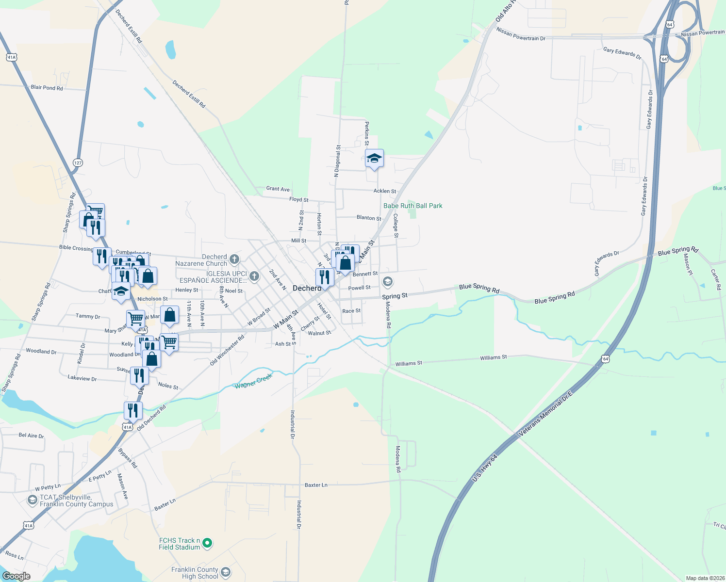 map of restaurants, bars, coffee shops, grocery stores, and more near 204 Powell St in Decherd