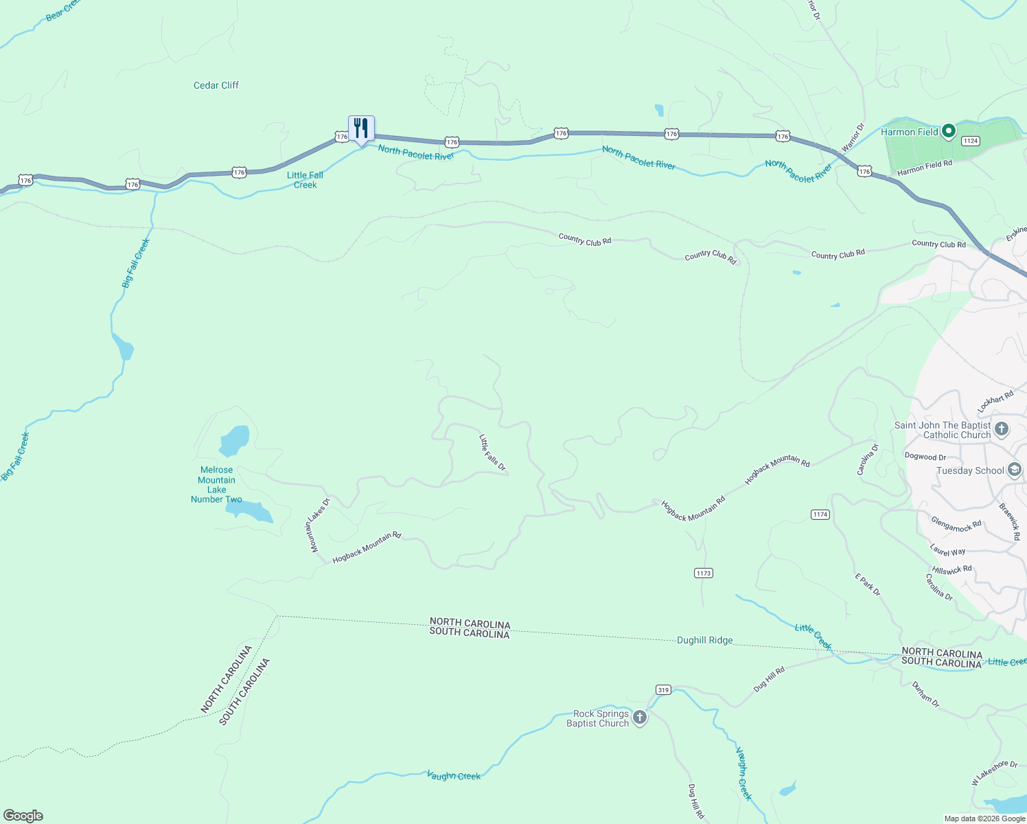map of restaurants, bars, coffee shops, grocery stores, and more near 544 Melrose Mountain Road in Tryon