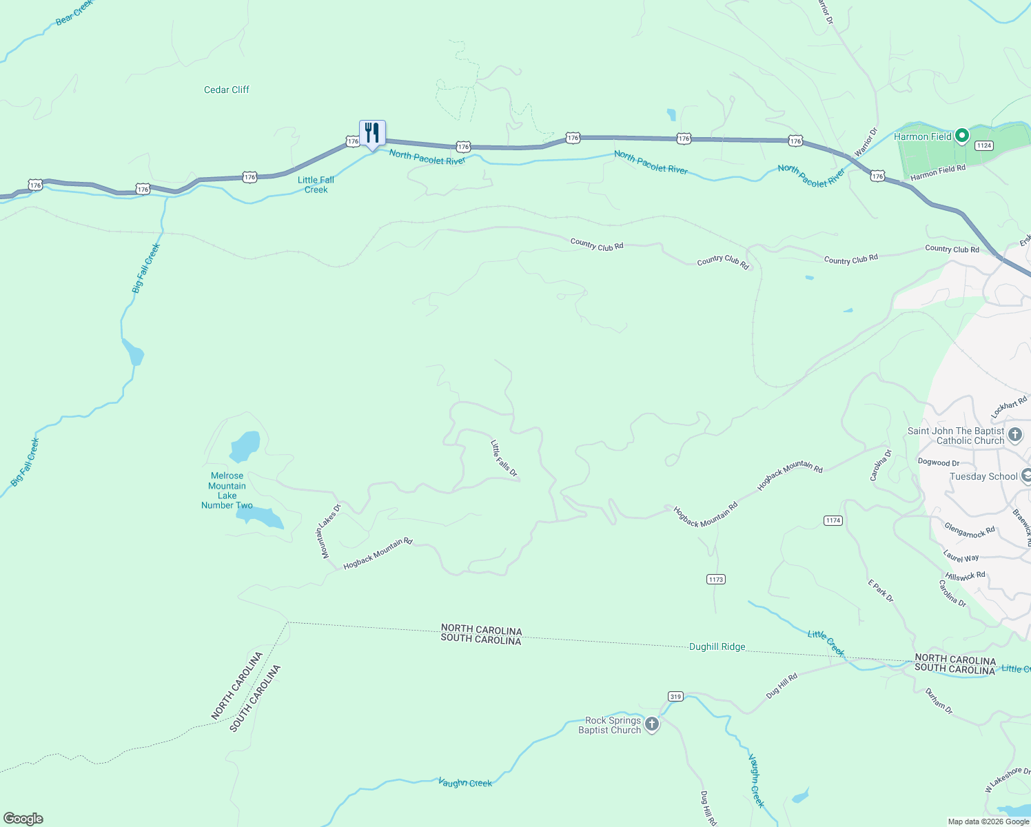 map of restaurants, bars, coffee shops, grocery stores, and more near 544 Melrose Mountain Road in Tryon