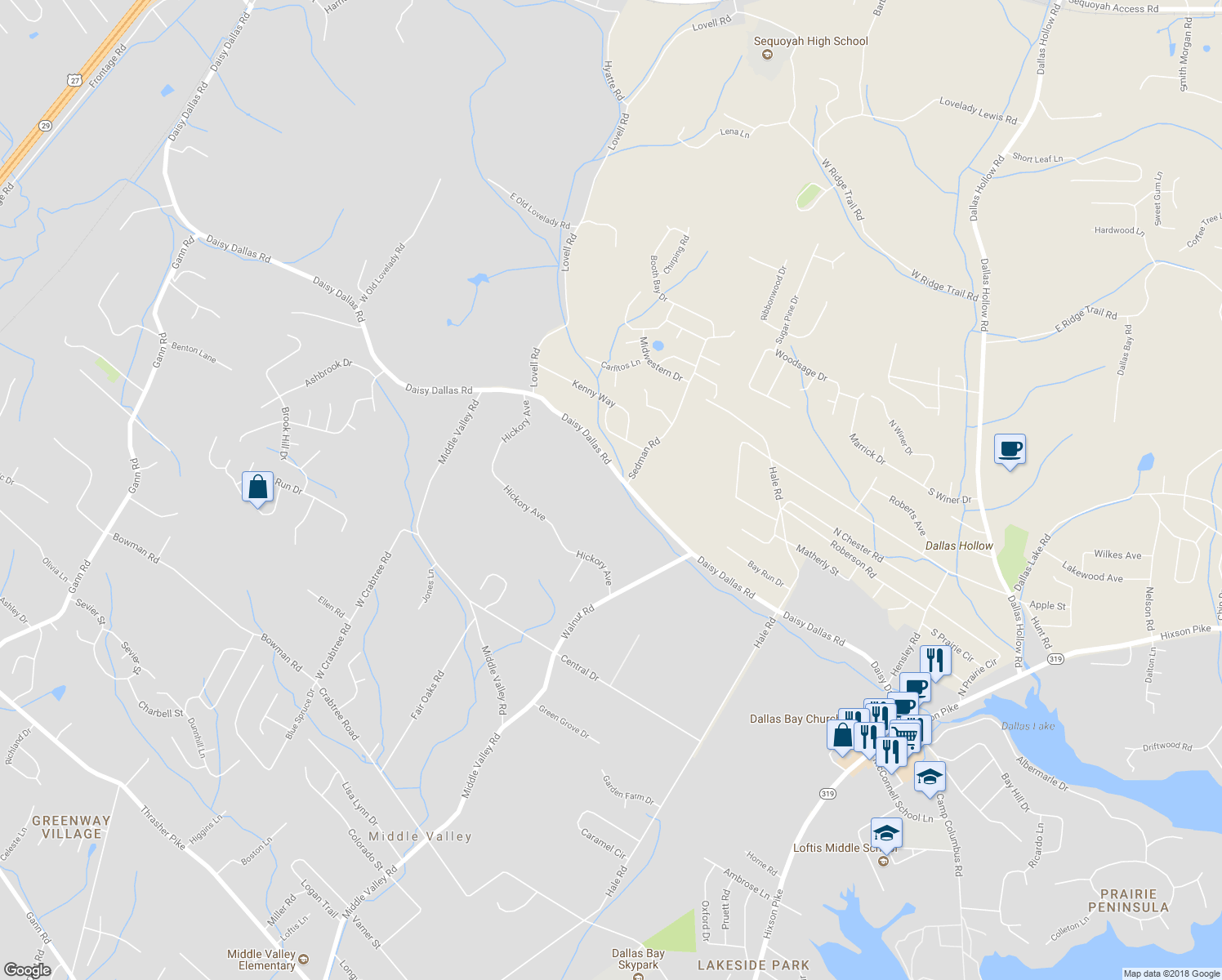 map of restaurants, bars, coffee shops, grocery stores, and more near 8605 Daisy Dallas Rd in Hixson