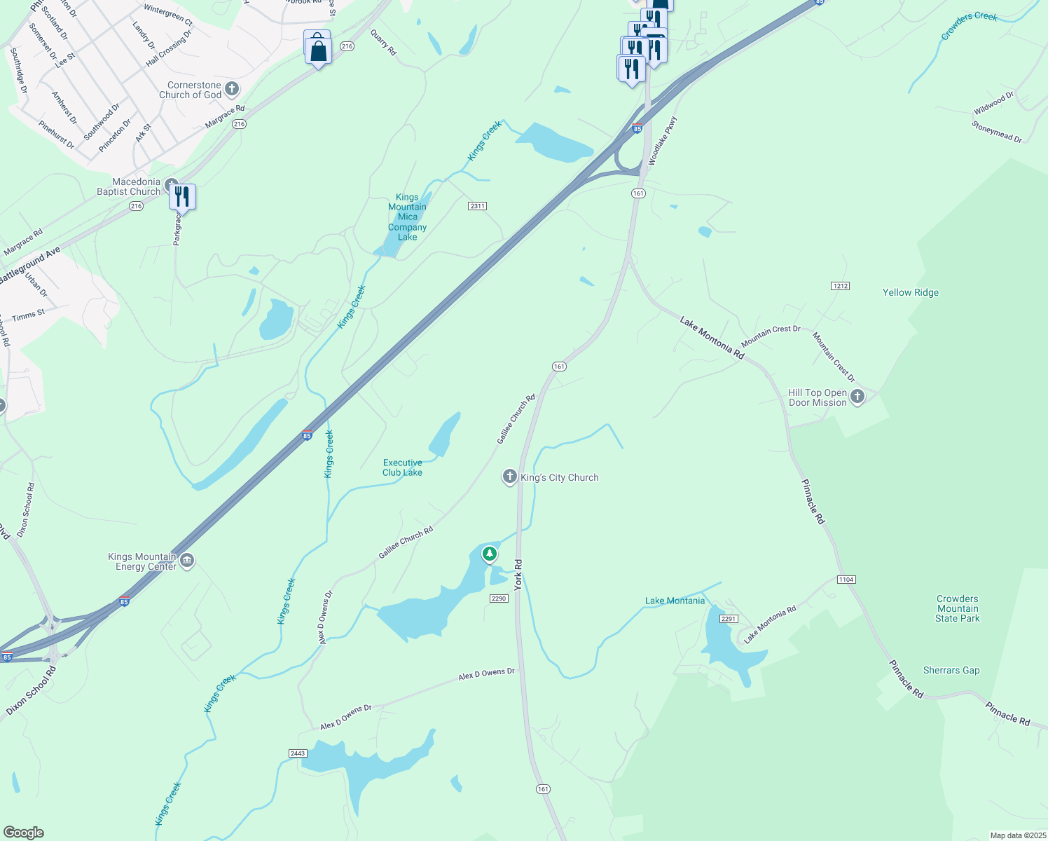 map of restaurants, bars, coffee shops, grocery stores, and more near 1110 York Road in Kings Mountain