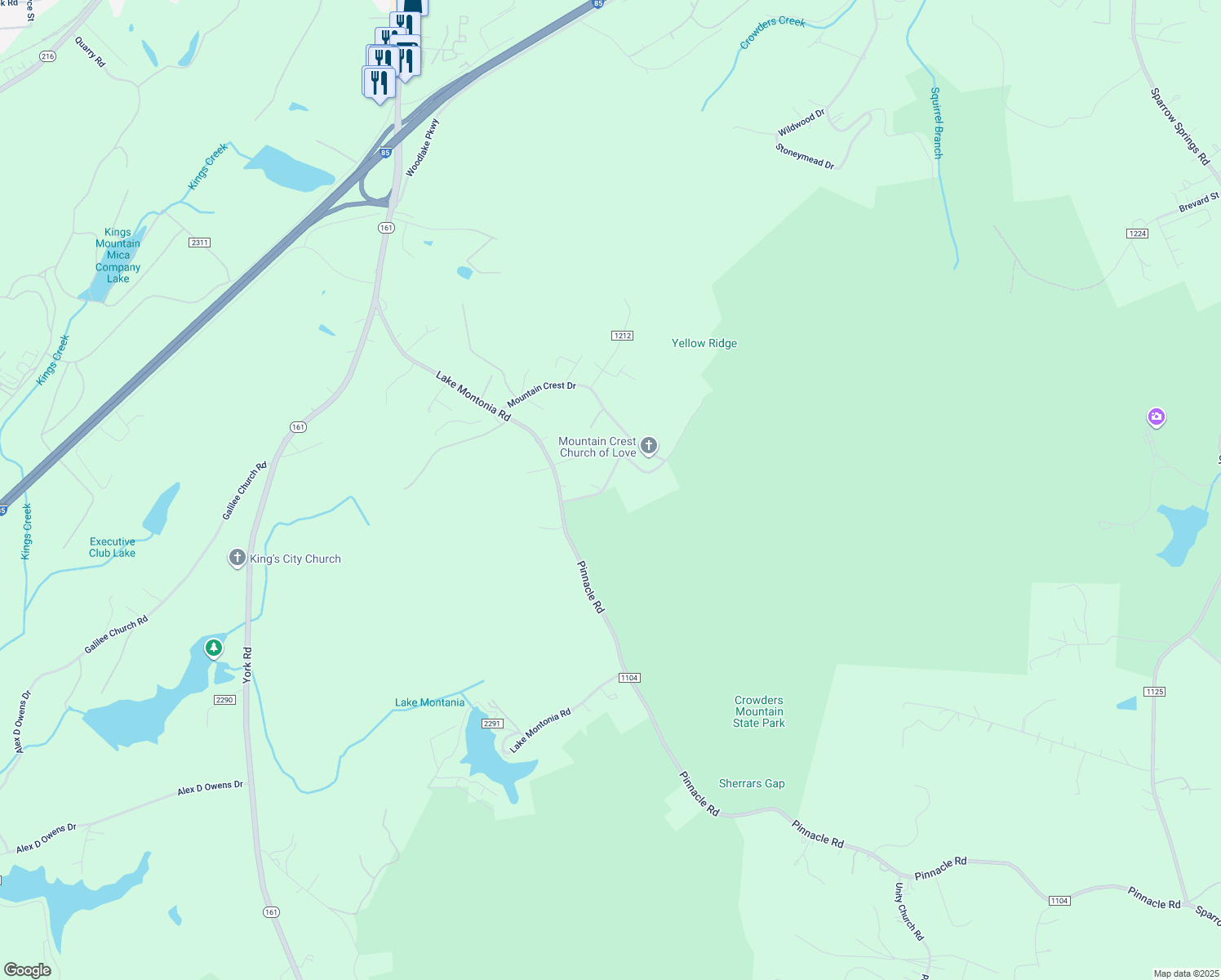 map of restaurants, bars, coffee shops, grocery stores, and more near 1071 Mountain Crest Dr in Kings Mountain