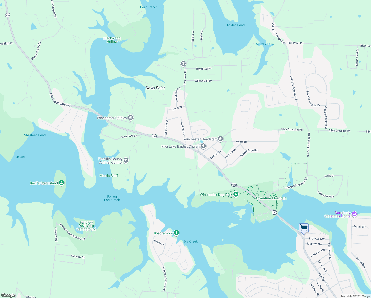 map of restaurants, bars, coffee shops, grocery stores, and more near 2607 Old Tullahoma Rd in Winchester