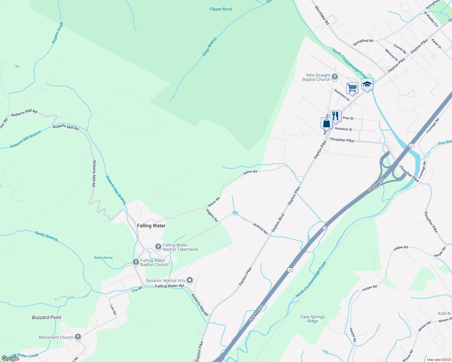 map of restaurants, bars, coffee shops, grocery stores, and more near 7909 Selcer Road in Hamilton County