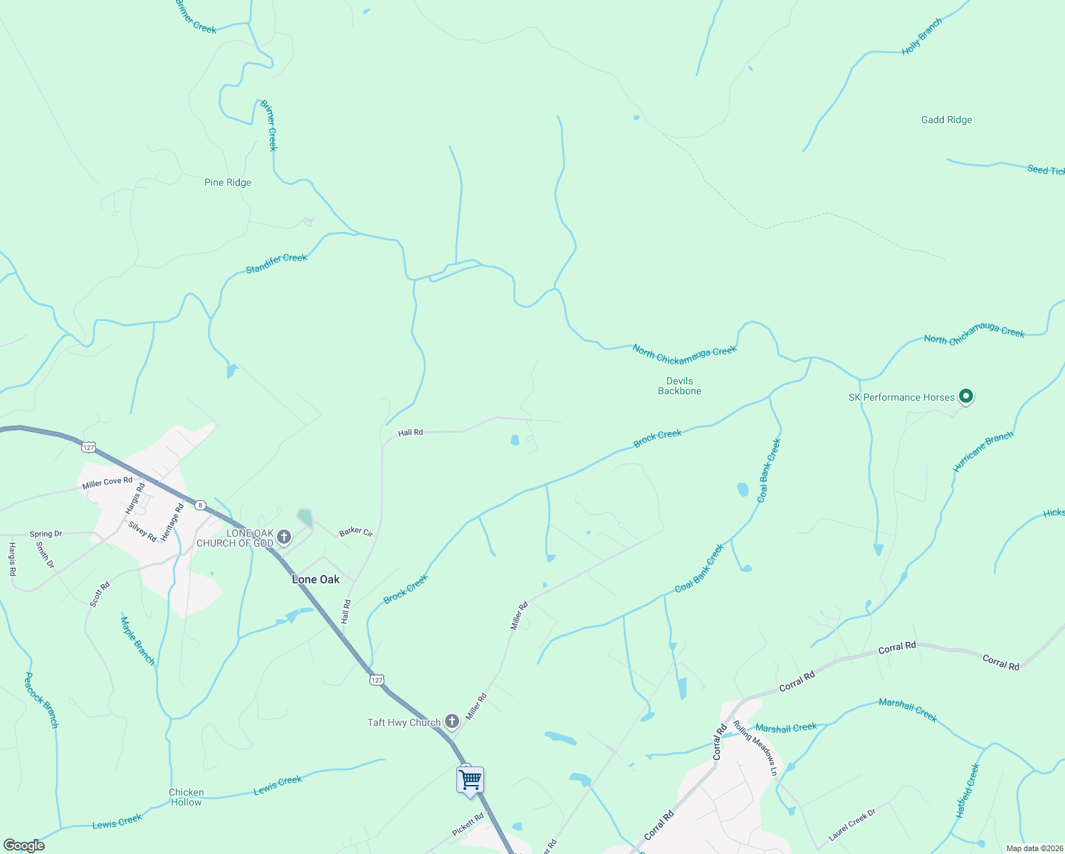 map of restaurants, bars, coffee shops, grocery stores, and more near 1228 Hall Road in Signal Mountain