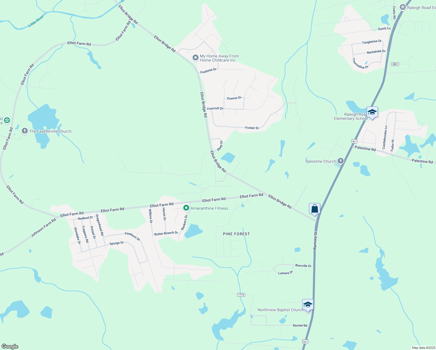 map of restaurants, bars, coffee shops, grocery stores, and more near 7630 Akins Drive in Fayetteville